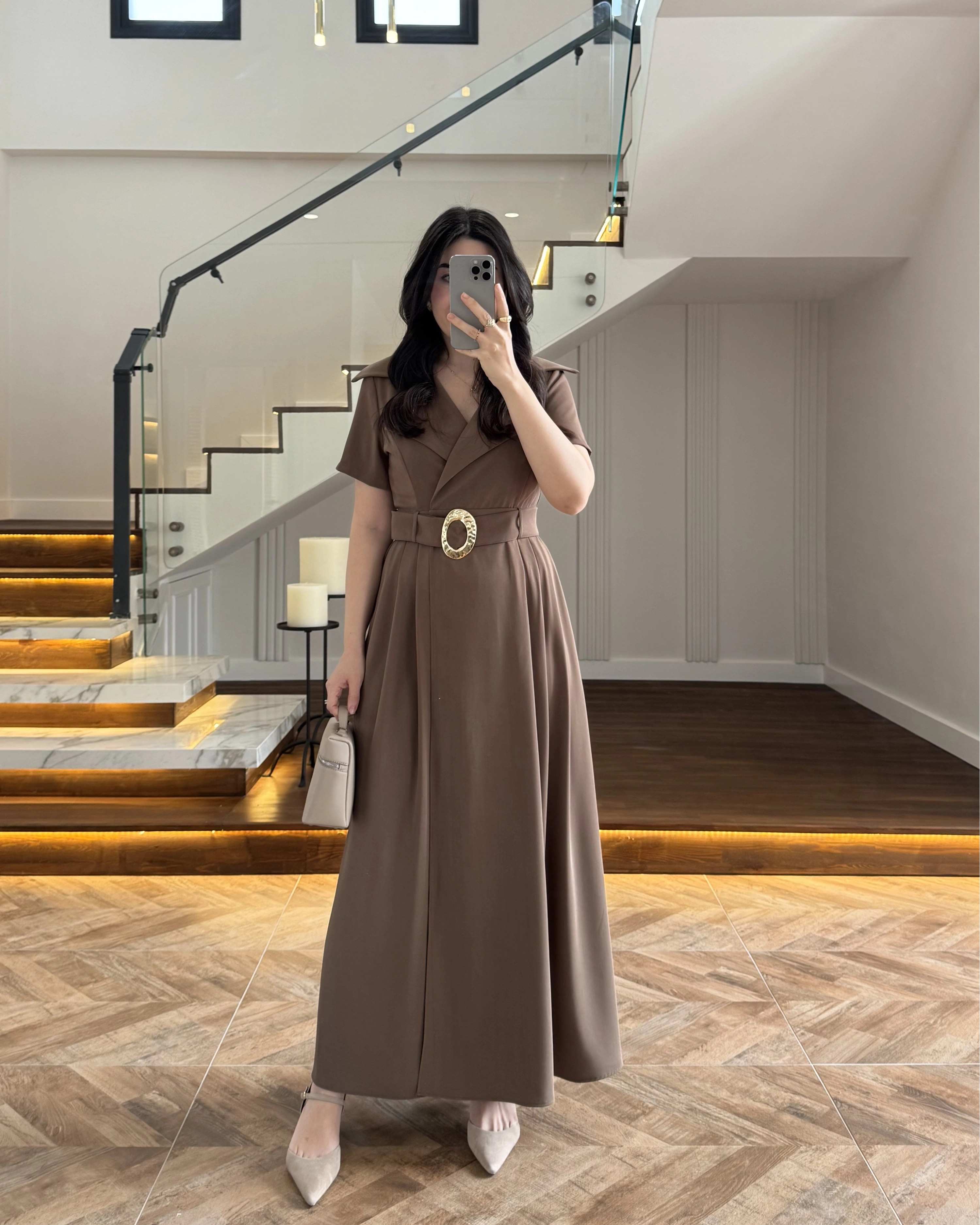 KRUVAZE YAKA KEMERLİ ELBİSE HAKİ - 2332