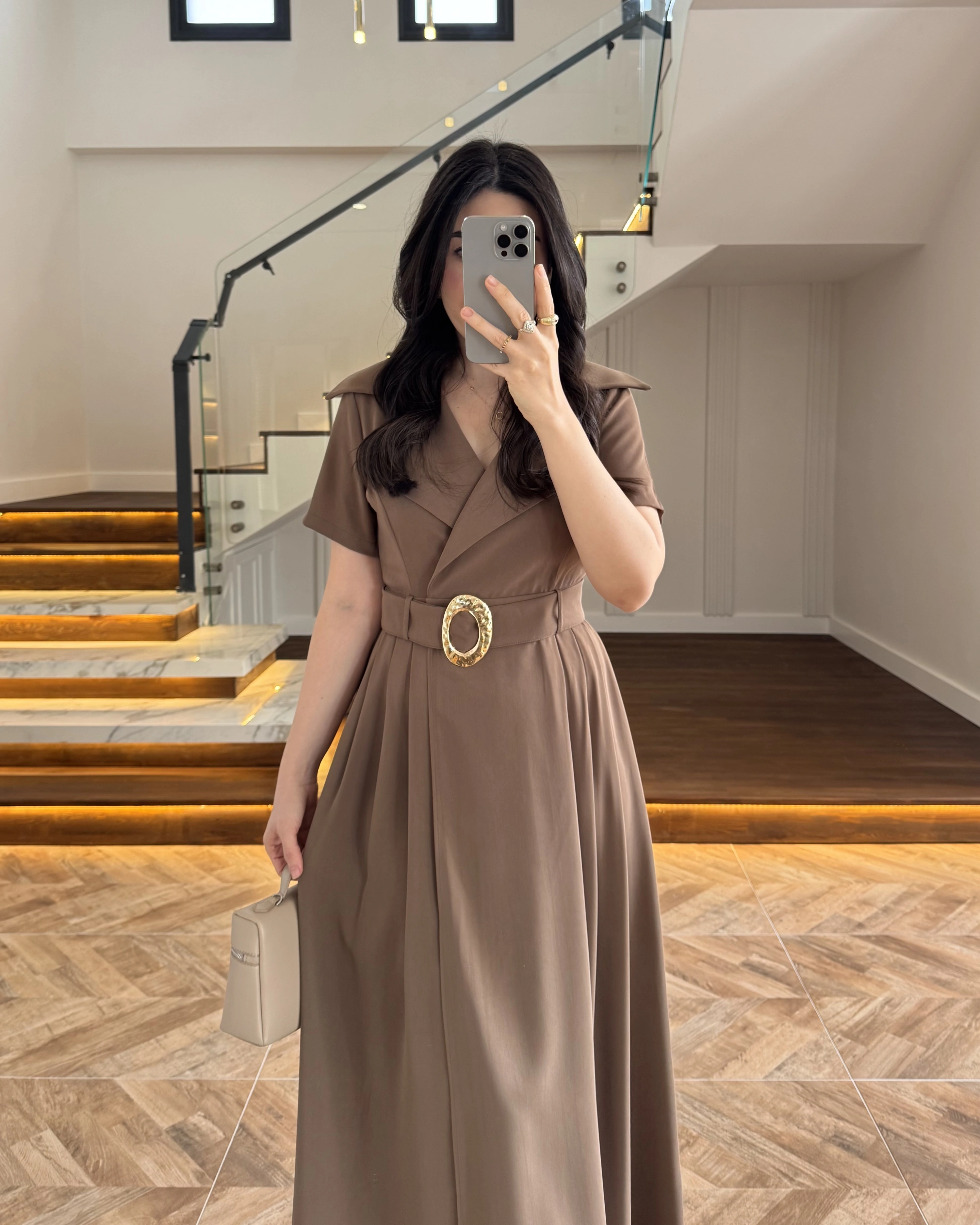 KRUVAZE YAKA KEMERLİ ELBİSE HAKİ - 2332