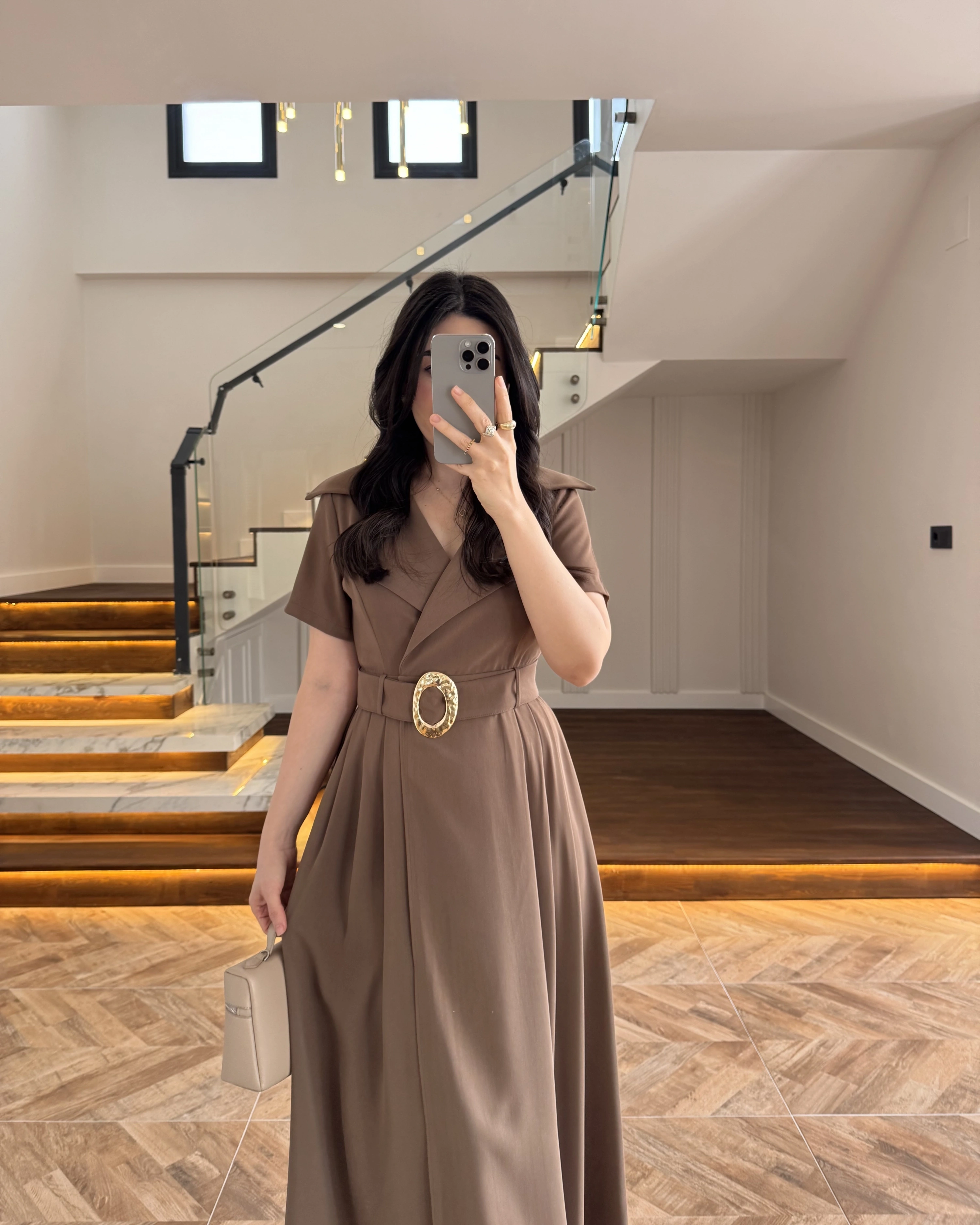 KRUVAZE YAKA KEMERLİ ELBİSE HAKİ - 2332