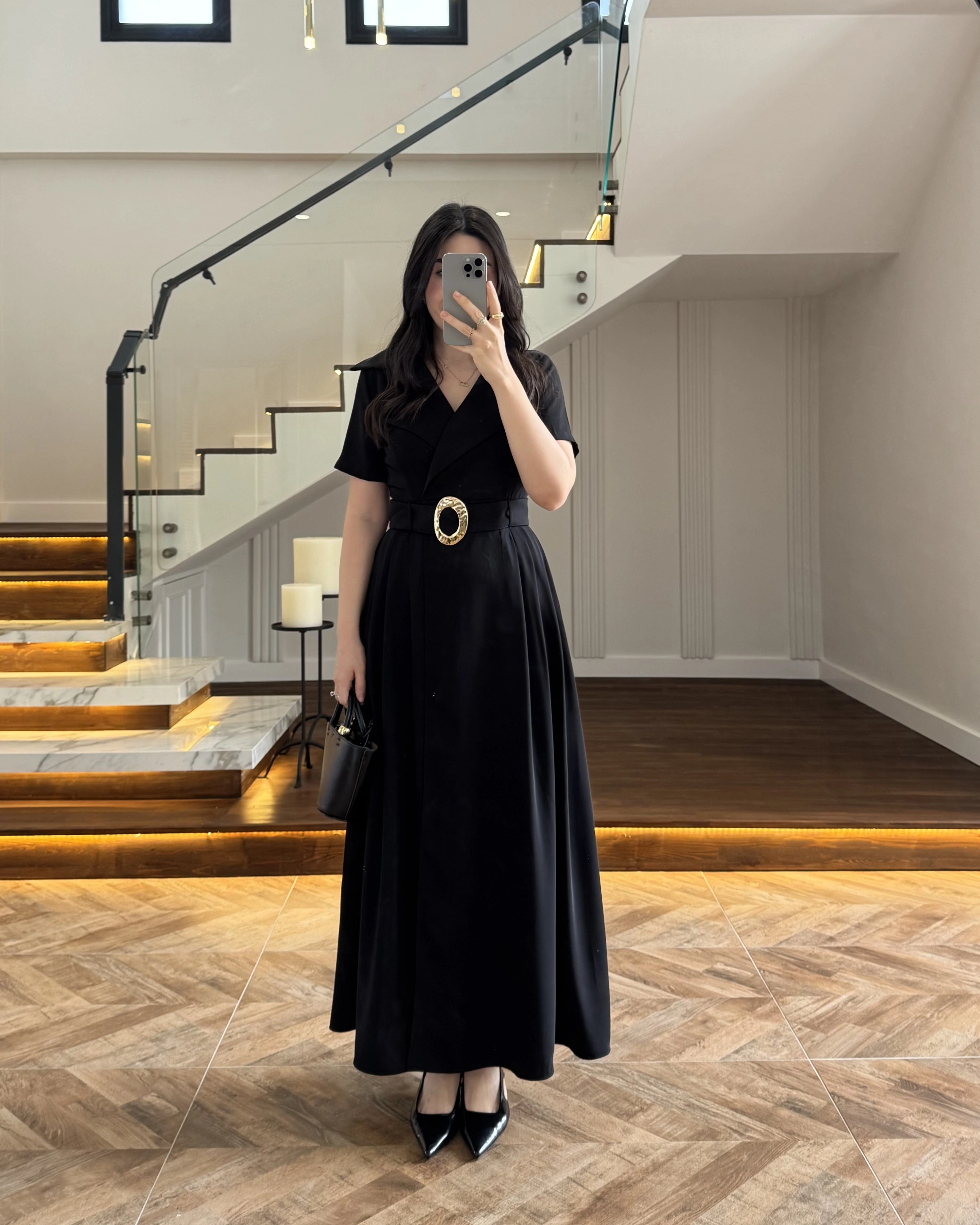 KRUVAZE YAKA KEMERLİ ELBİSE SİYAH - 2332