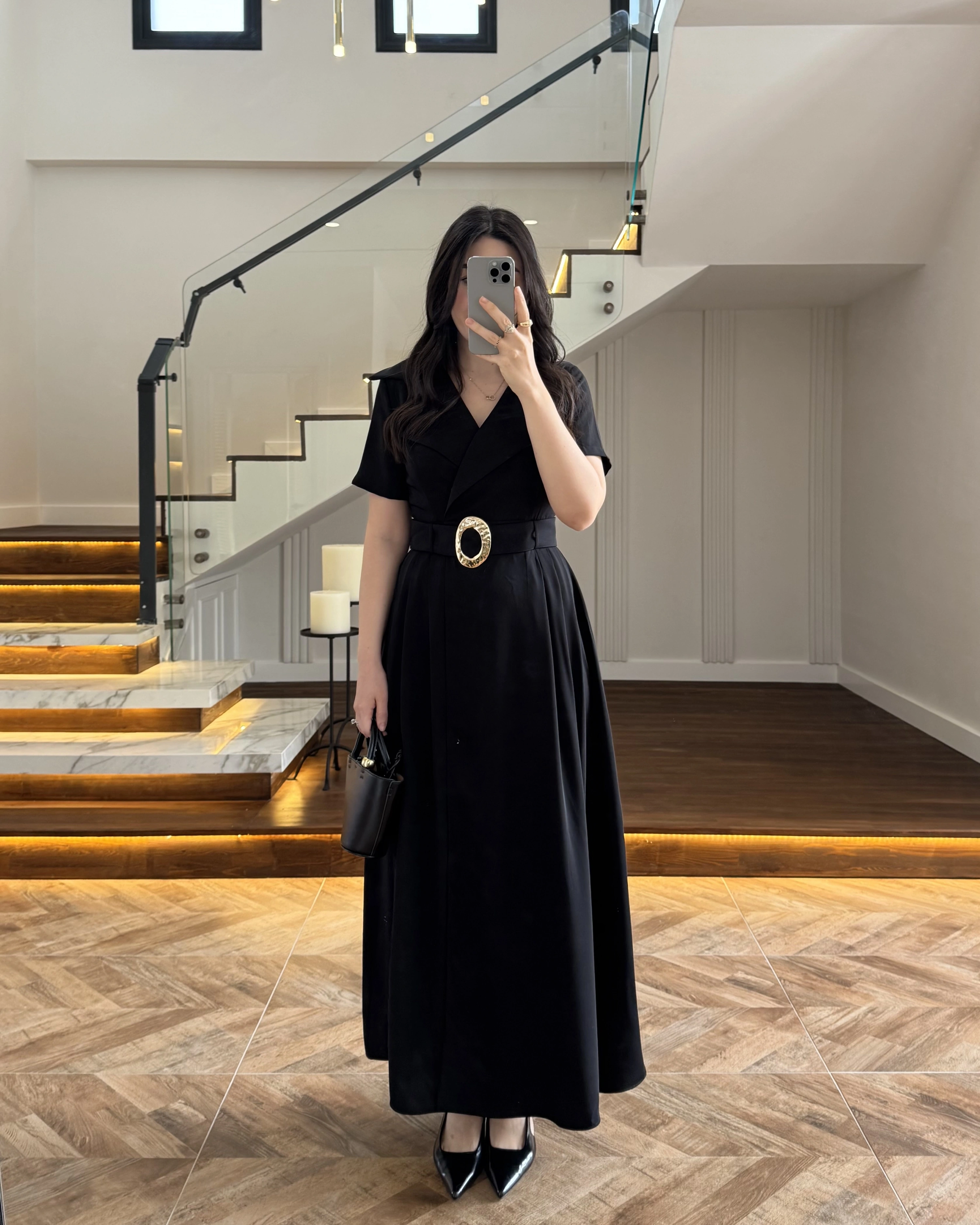 KRUVAZE YAKA KEMERLİ ELBİSE SİYAH - 2332