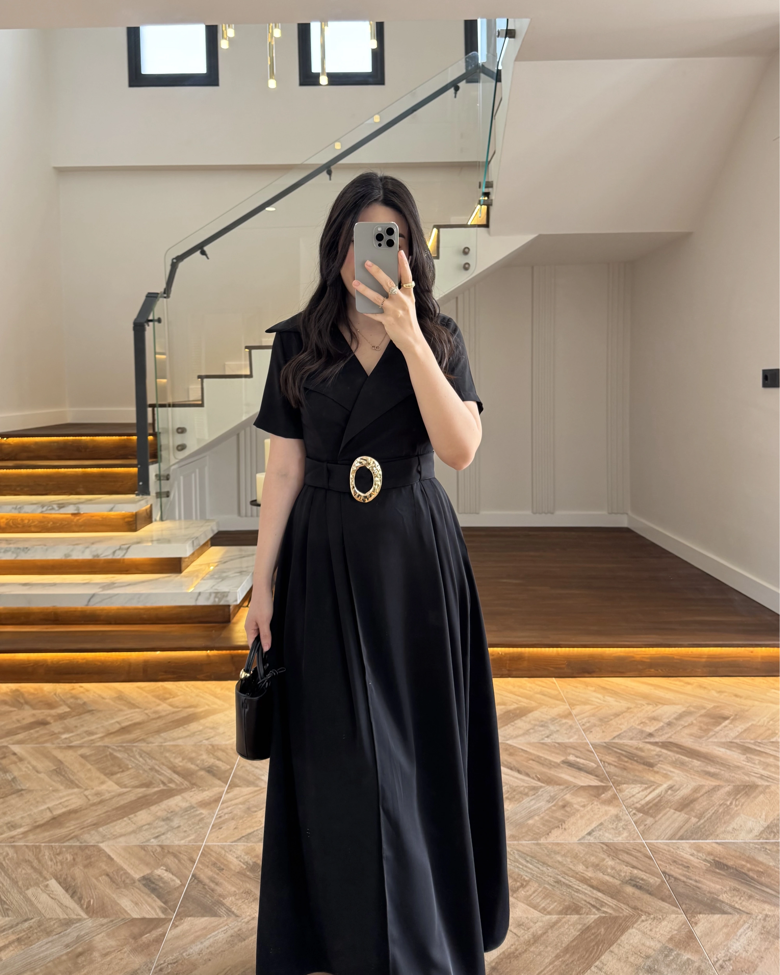 KRUVAZE YAKA KEMERLİ ELBİSE SİYAH - 2332