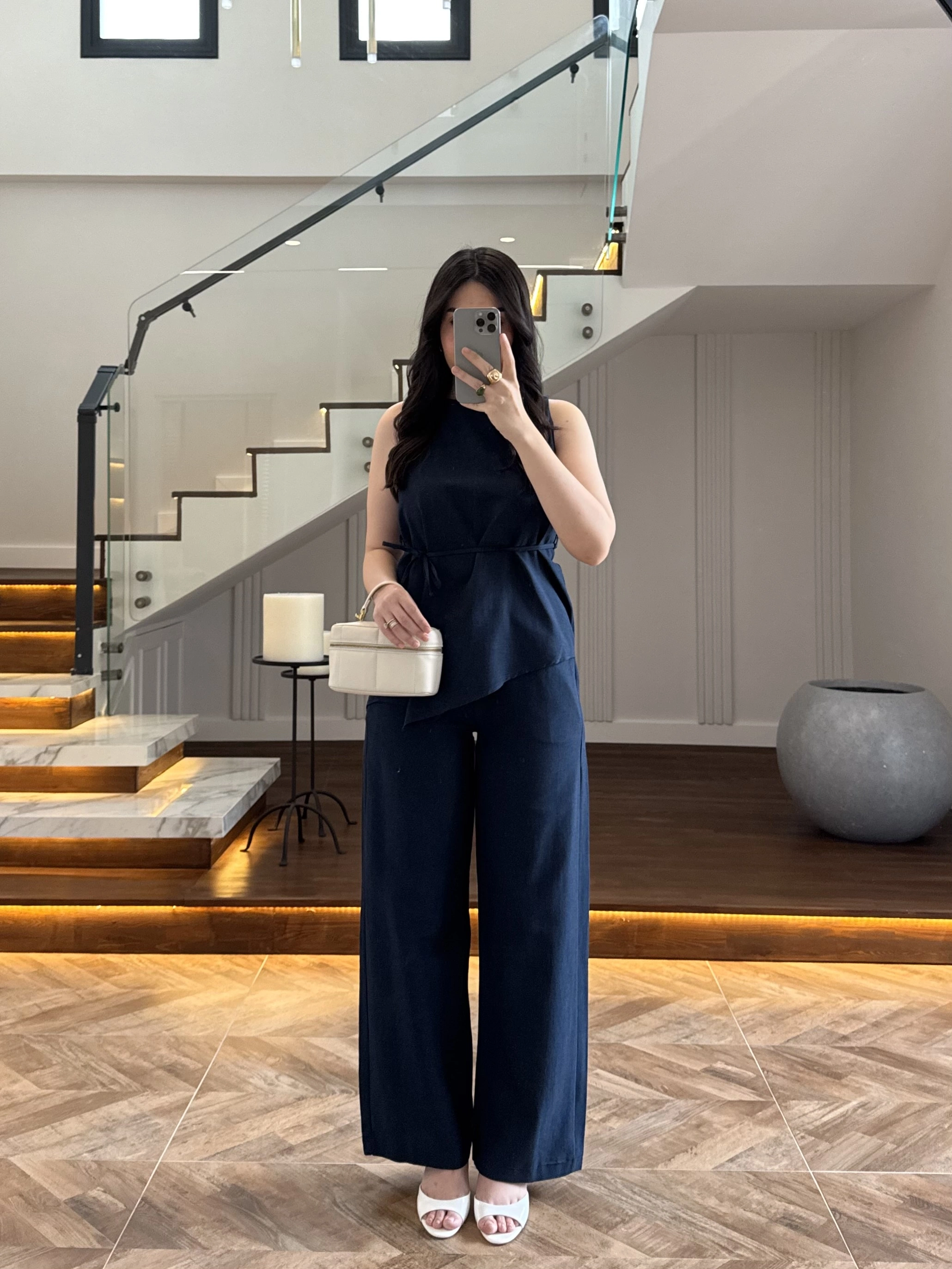 LACİVERT ASİMETRİK BLUZ PANTOLON TAKIM-8784