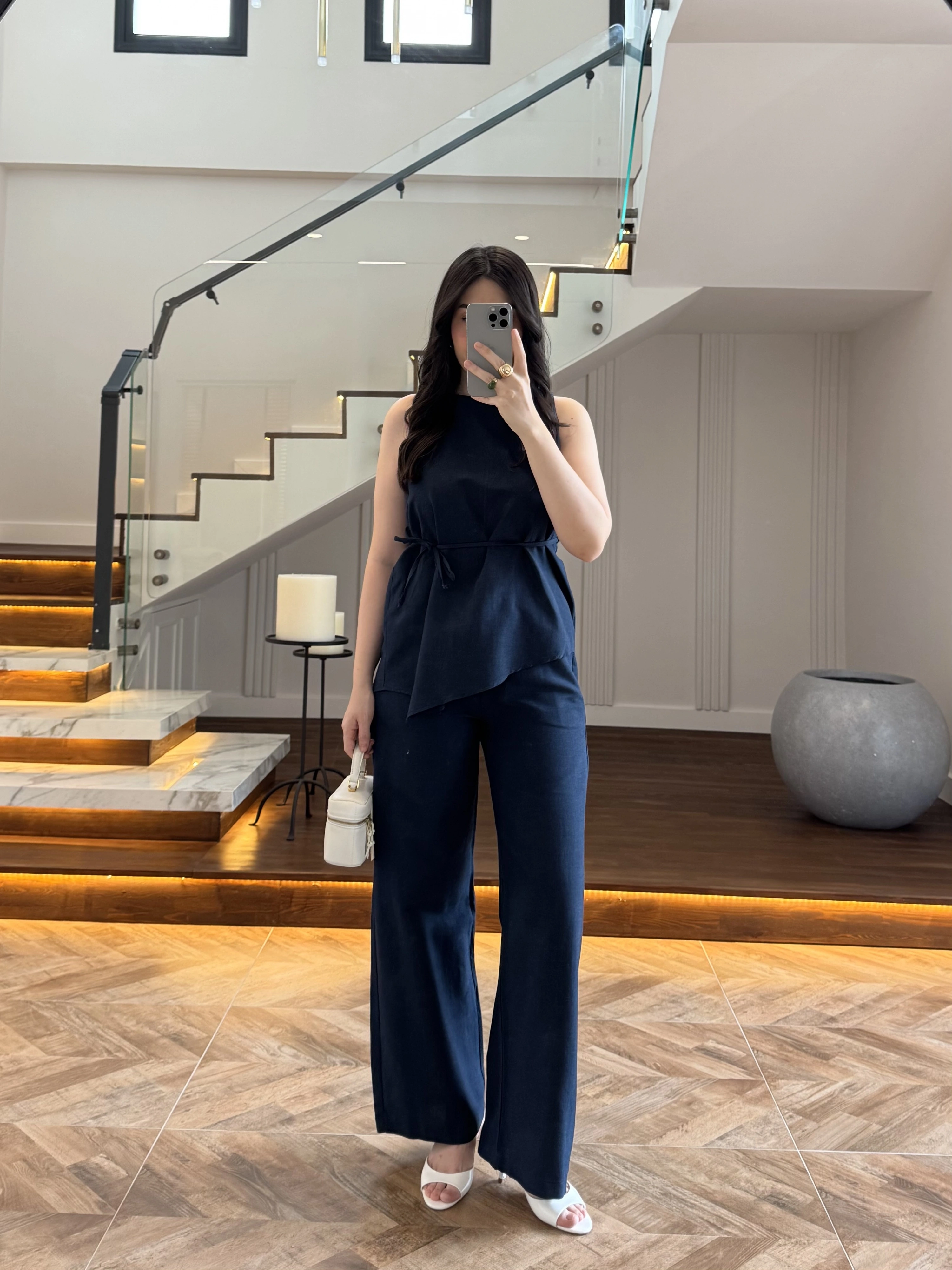 LACİVERT ASİMETRİK BLUZ PANTOLON TAKIM-8784