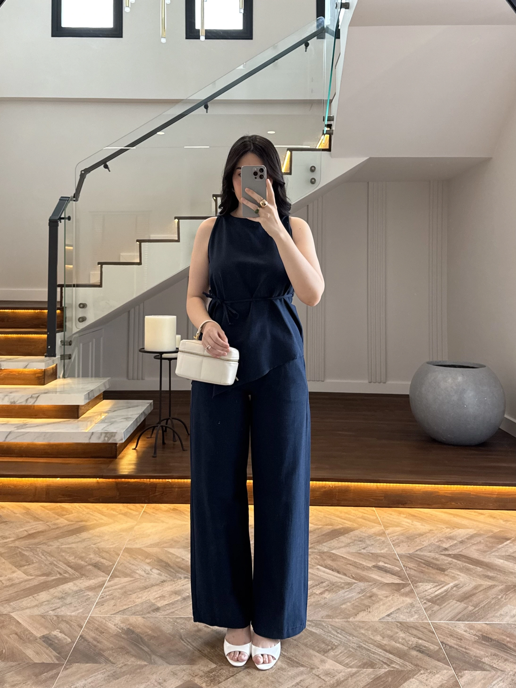 LACİVERT ASİMETRİK BLUZ PANTOLON TAKIM-8784