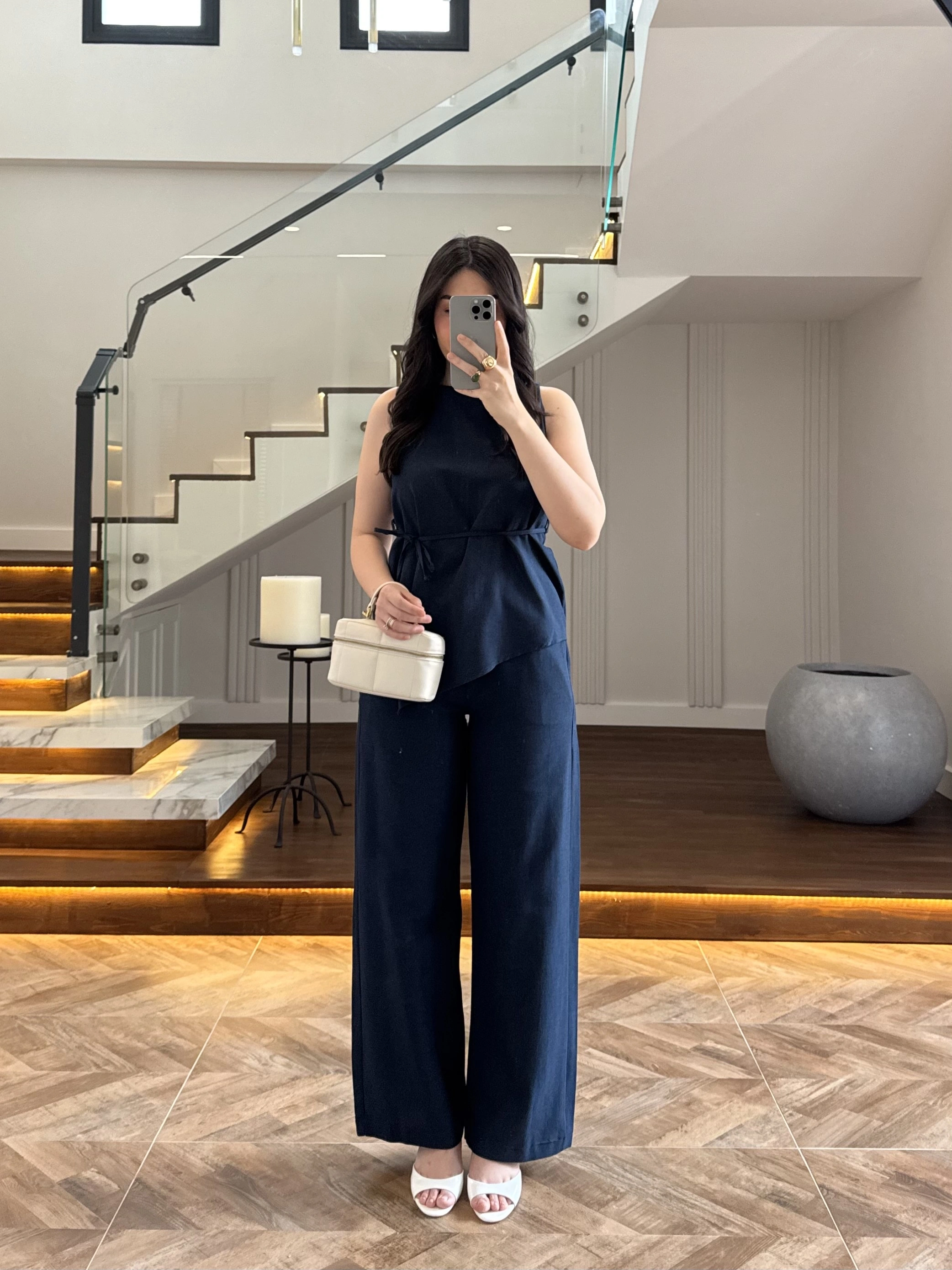 LACİVERT ASİMETRİK BLUZ PANTOLON TAKIM-8784