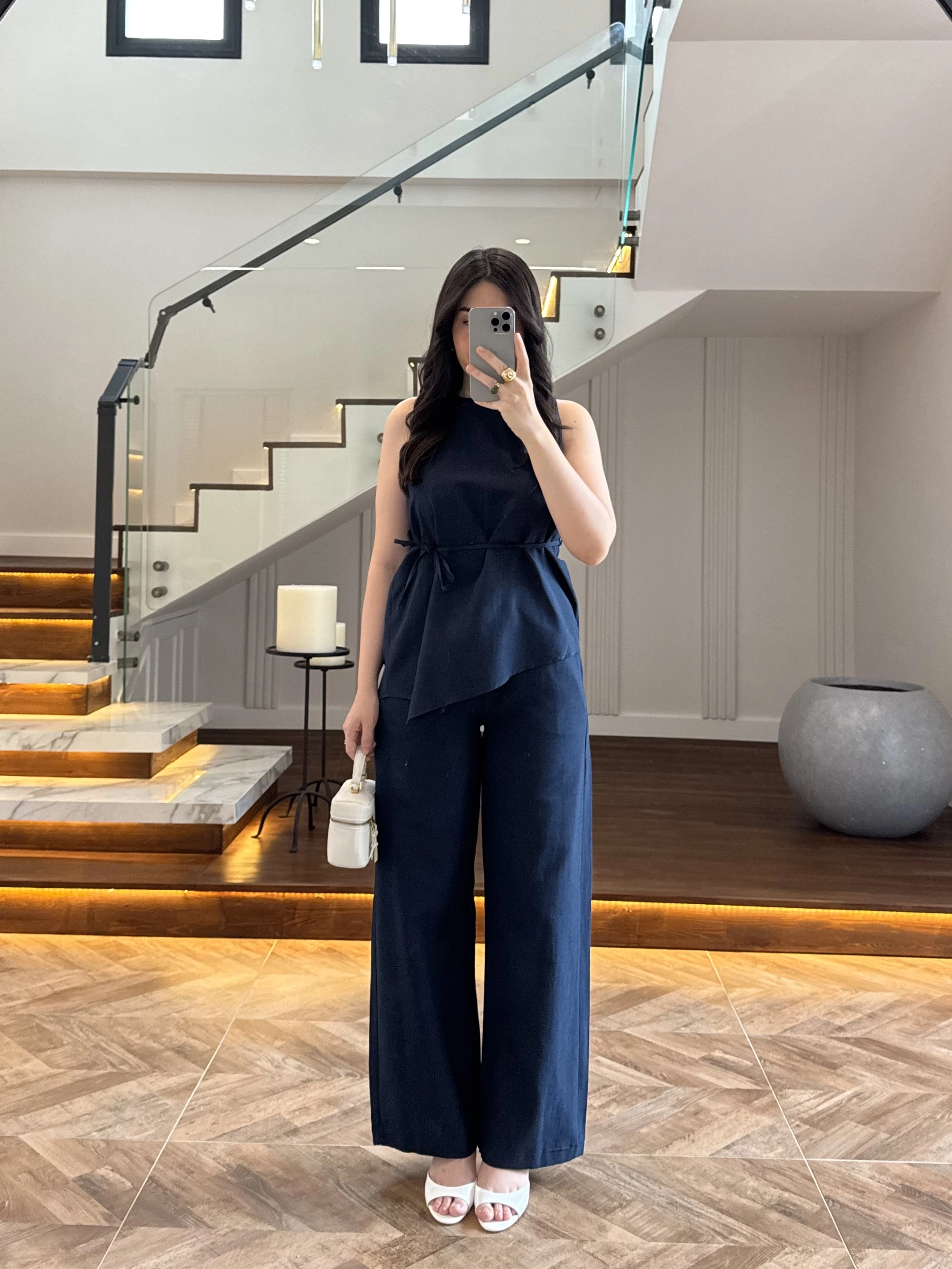 LACİVERT ASİMETRİK BLUZ PANTOLON TAKIM-8784