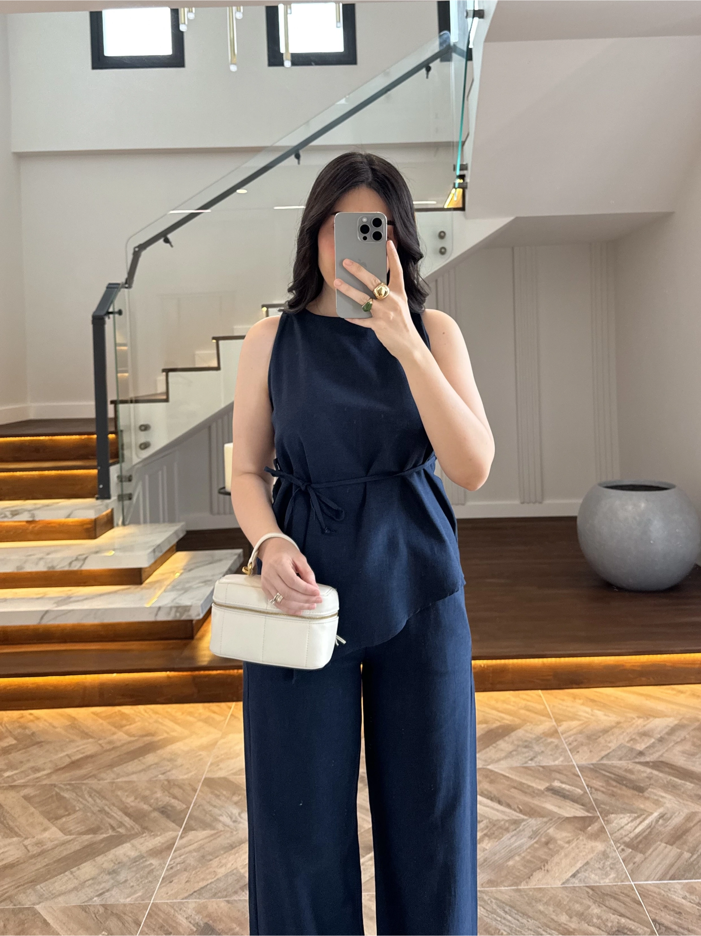 LACİVERT ASİMETRİK BLUZ PANTOLON TAKIM-8784