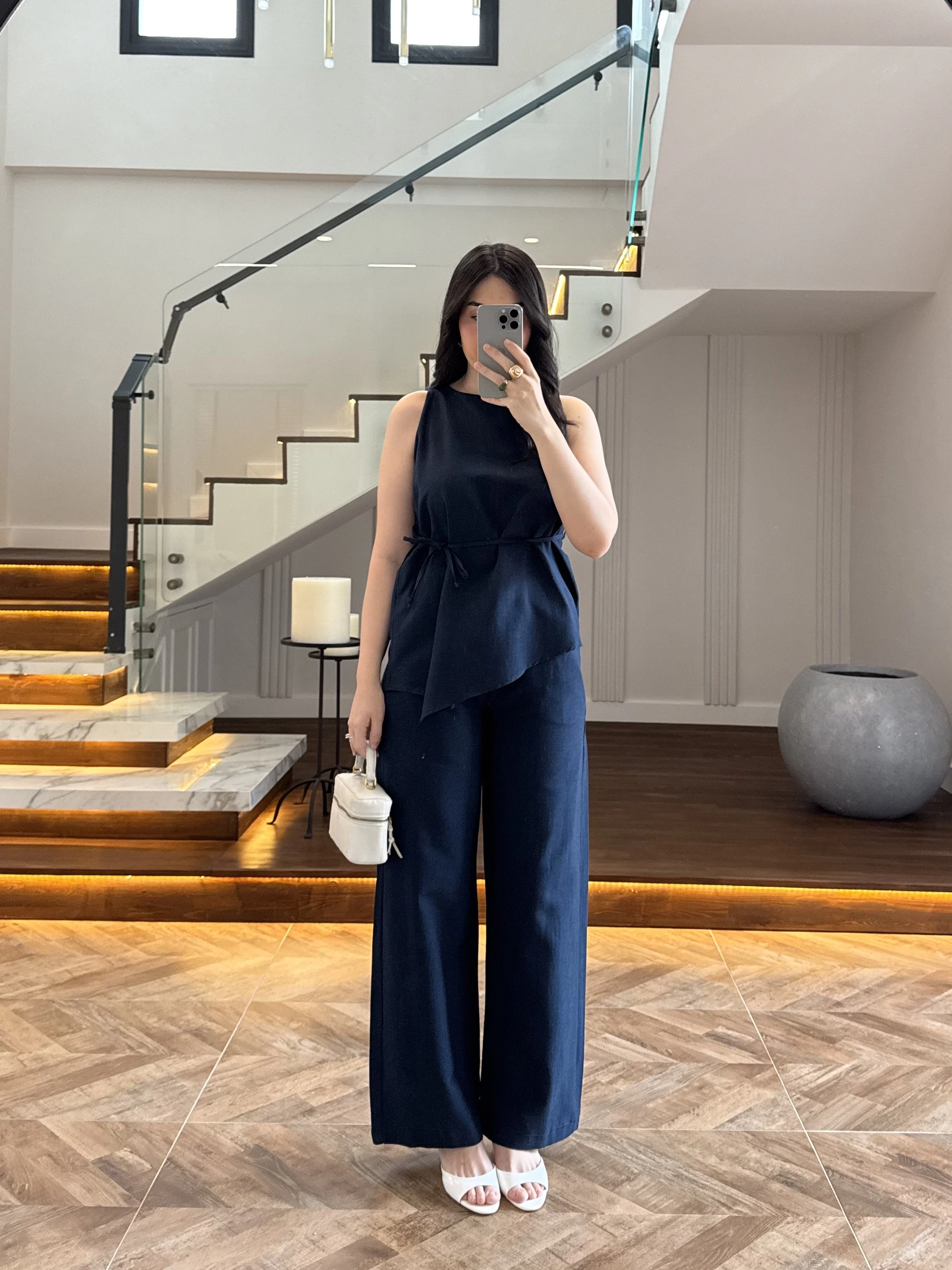LACİVERT ASİMETRİK BLUZ PANTOLON TAKIM-8784