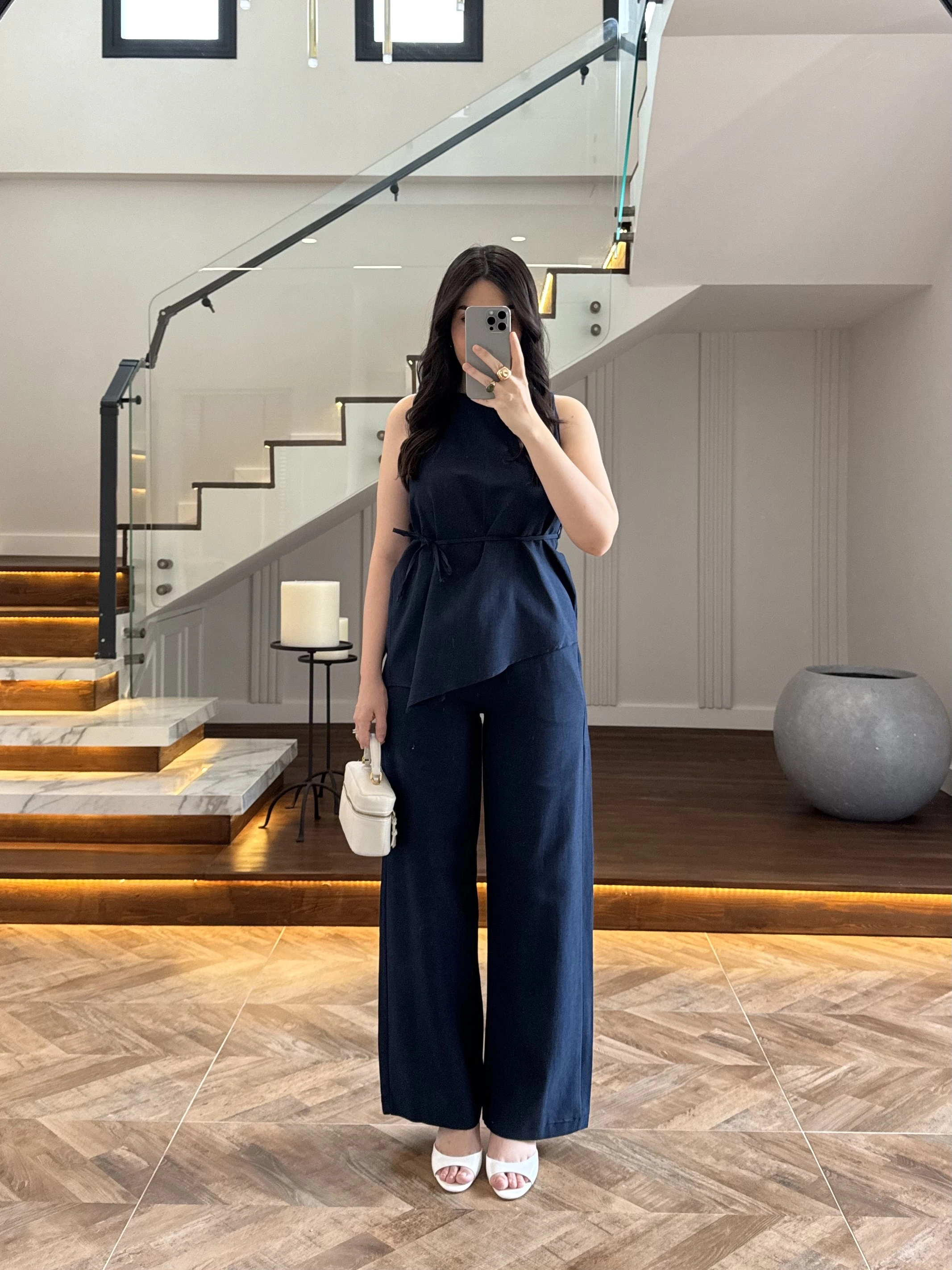 LACİVERT ASİMETRİK BLUZ PANTOLON TAKIM-8784