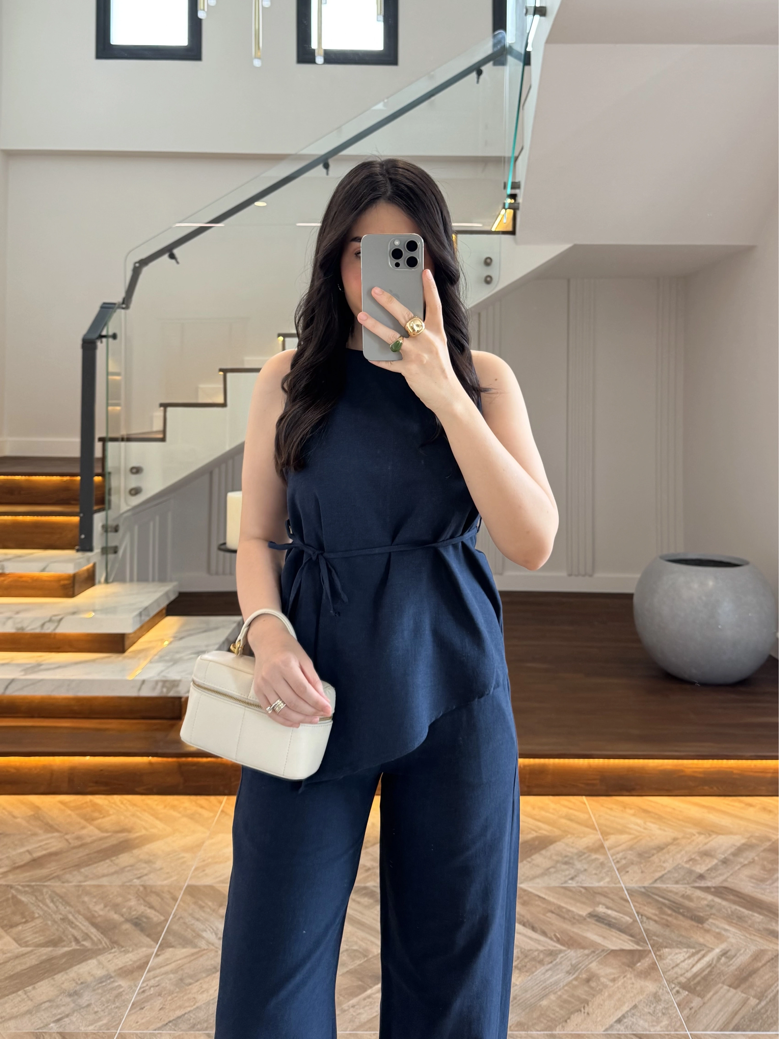 LACİVERT ASİMETRİK BLUZ PANTOLON TAKIM-8784