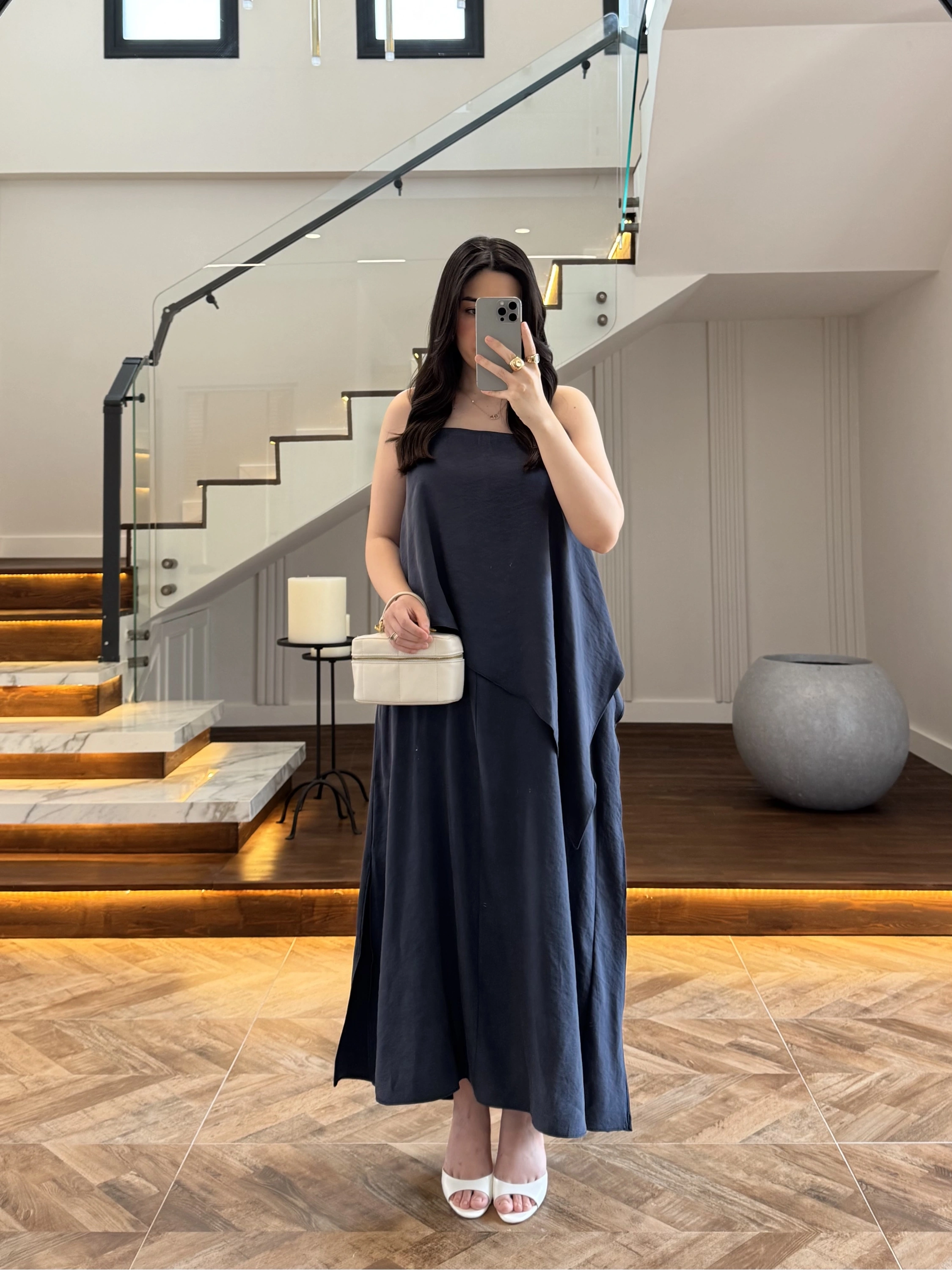 LACİVERT ASİMETRİK VOLAN DETAY ELBİSE-2403