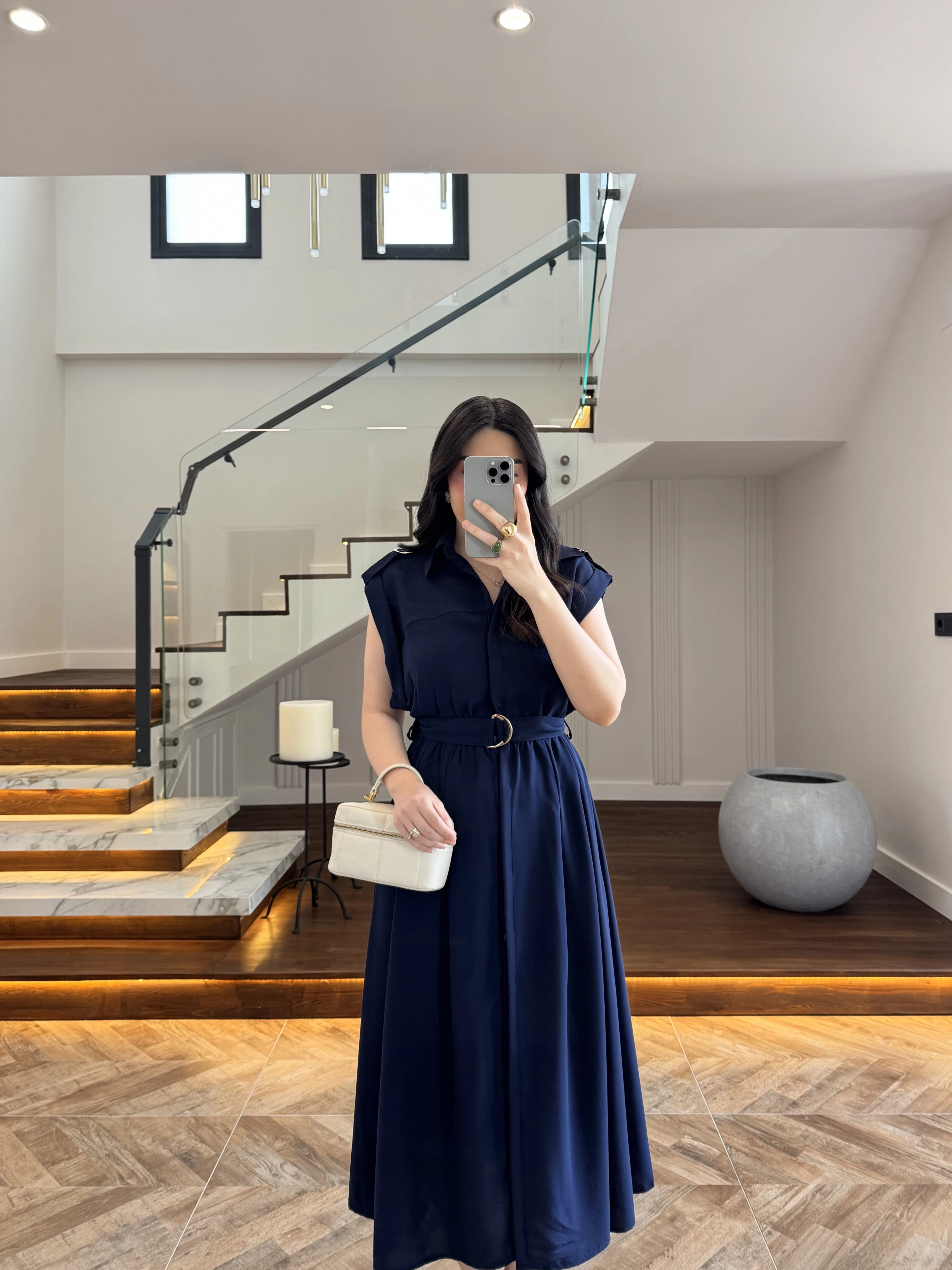LACİVERT DÜĞMELİ TOKA DETAY ELBİSE -3925