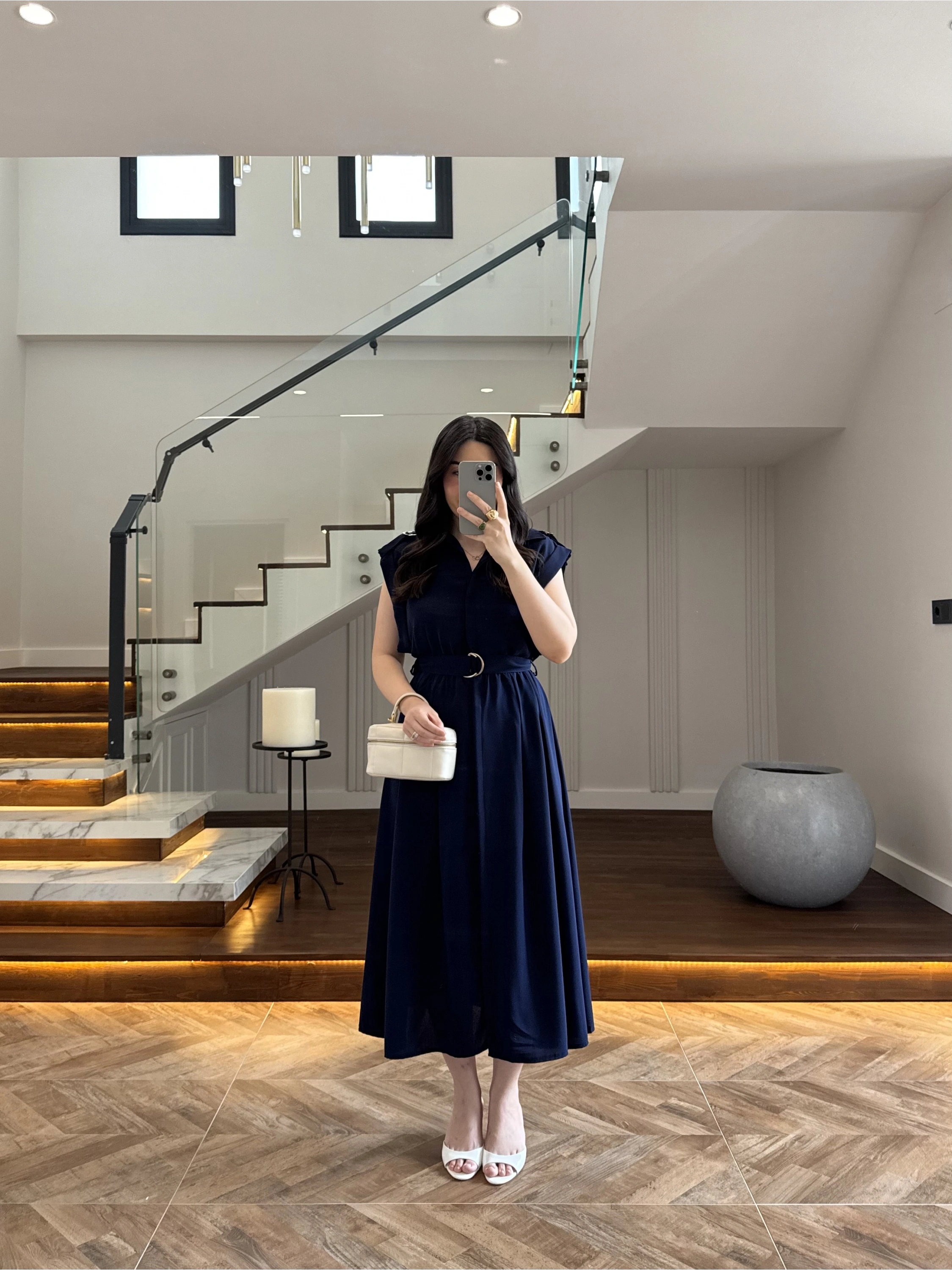 LACİVERT DÜĞMELİ TOKA DETAY ELBİSE -3925