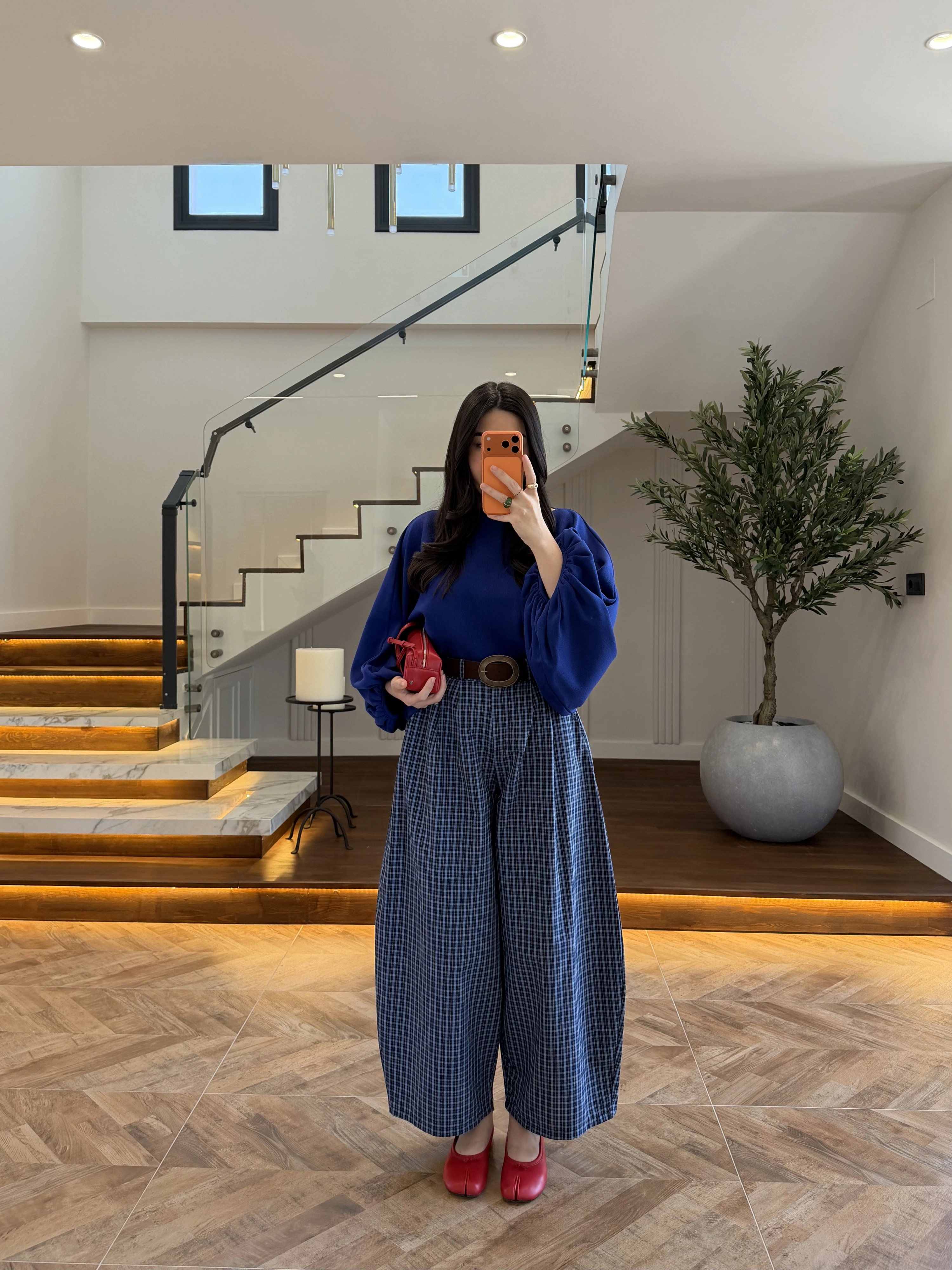 LACİVERT EKOSE KEMERLİ PANTOLON-51478