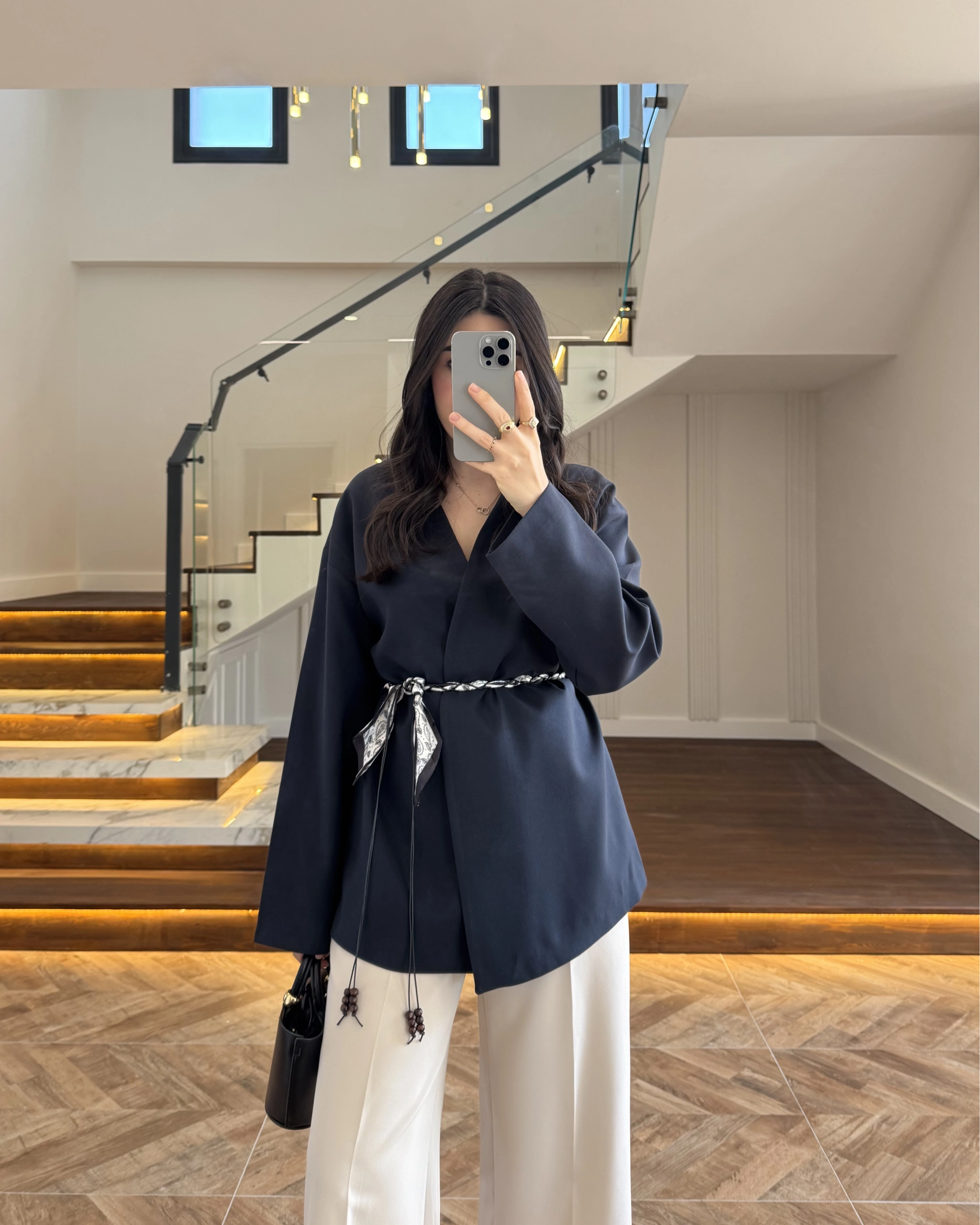 LACİVERT KEMERLİ CEKET -7673