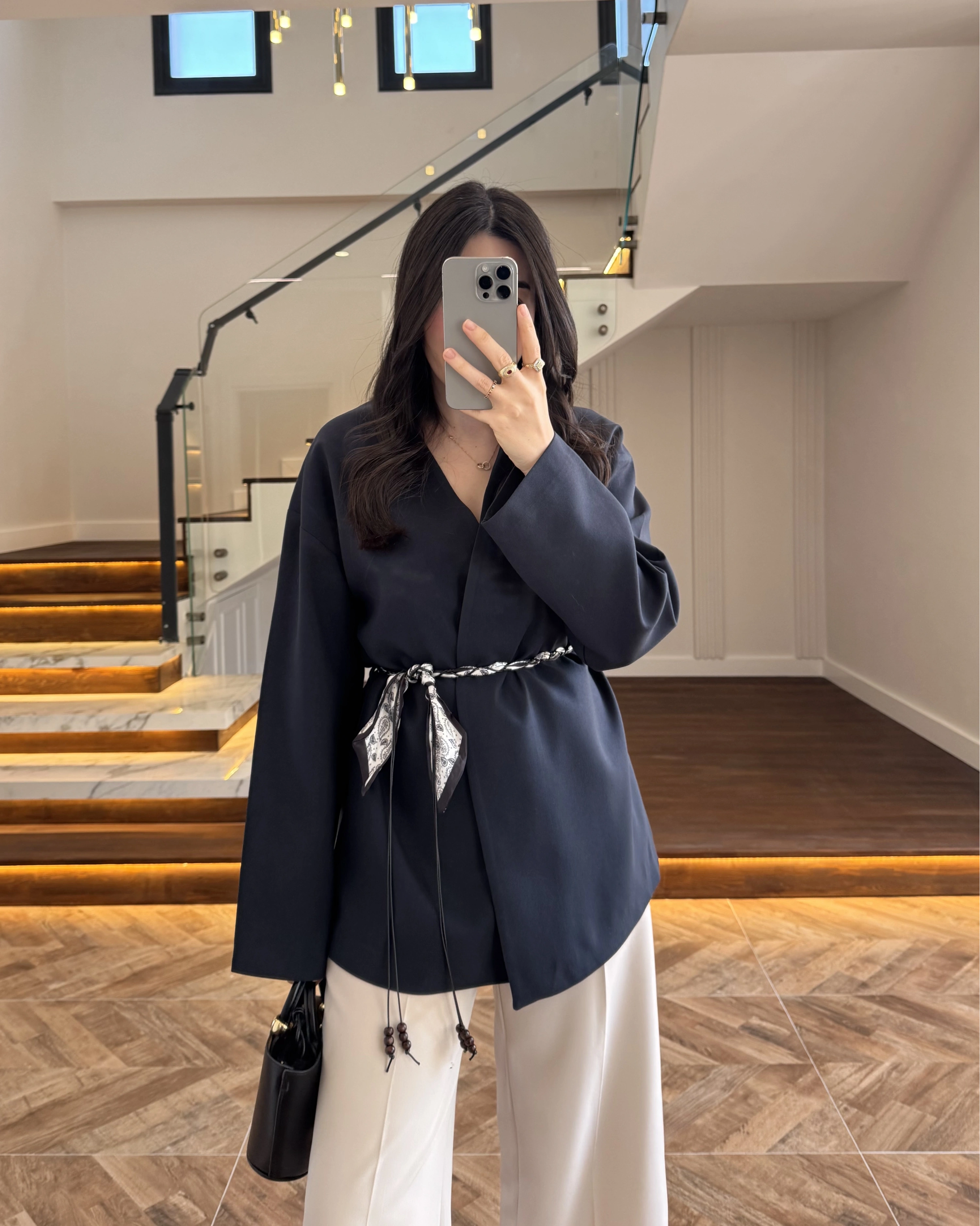 LACİVERT KEMERLİ CEKET -7673