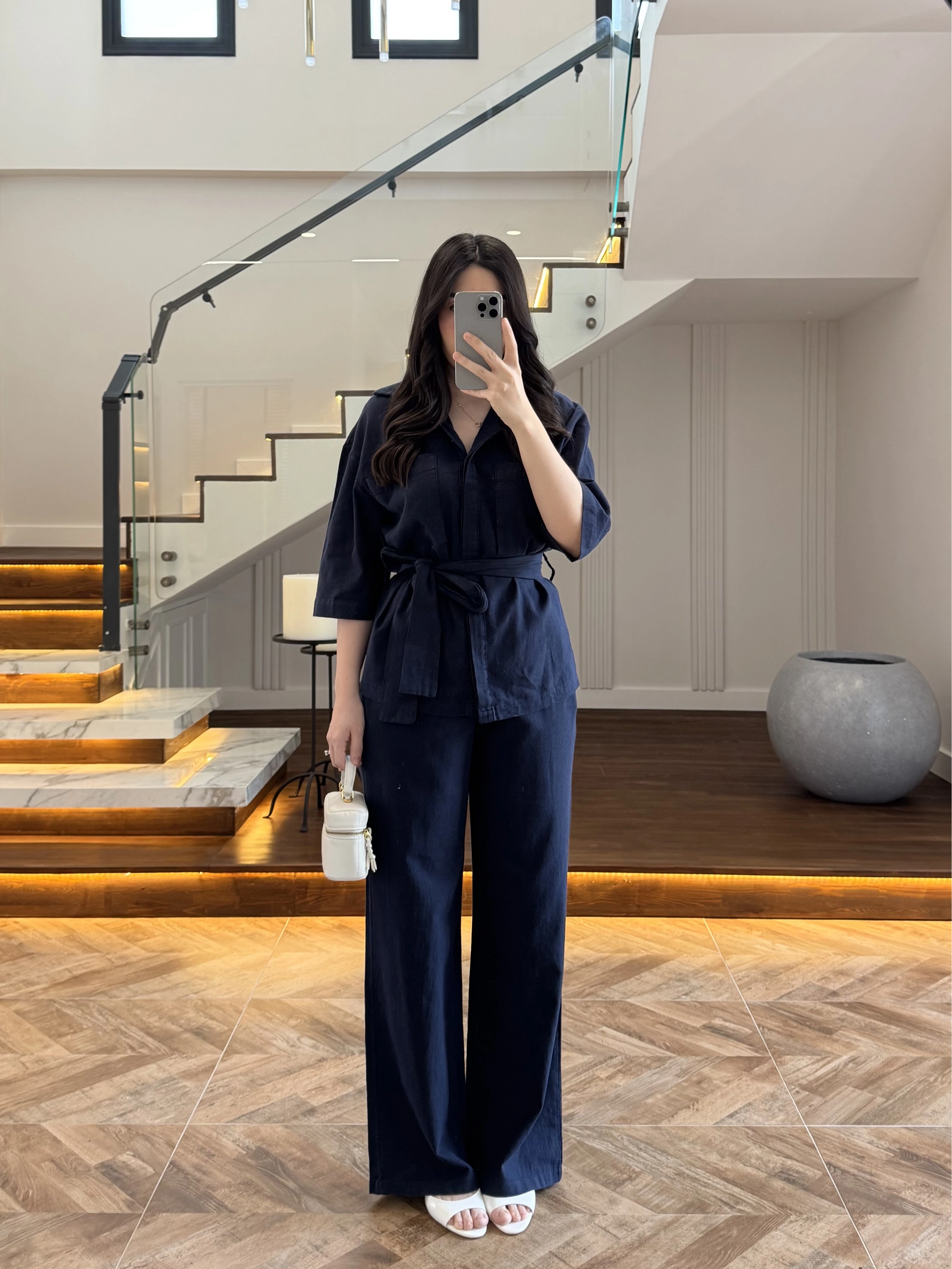 LACİVERT KETEN KUŞAKLI GÖMLEK TAKIM-267366
