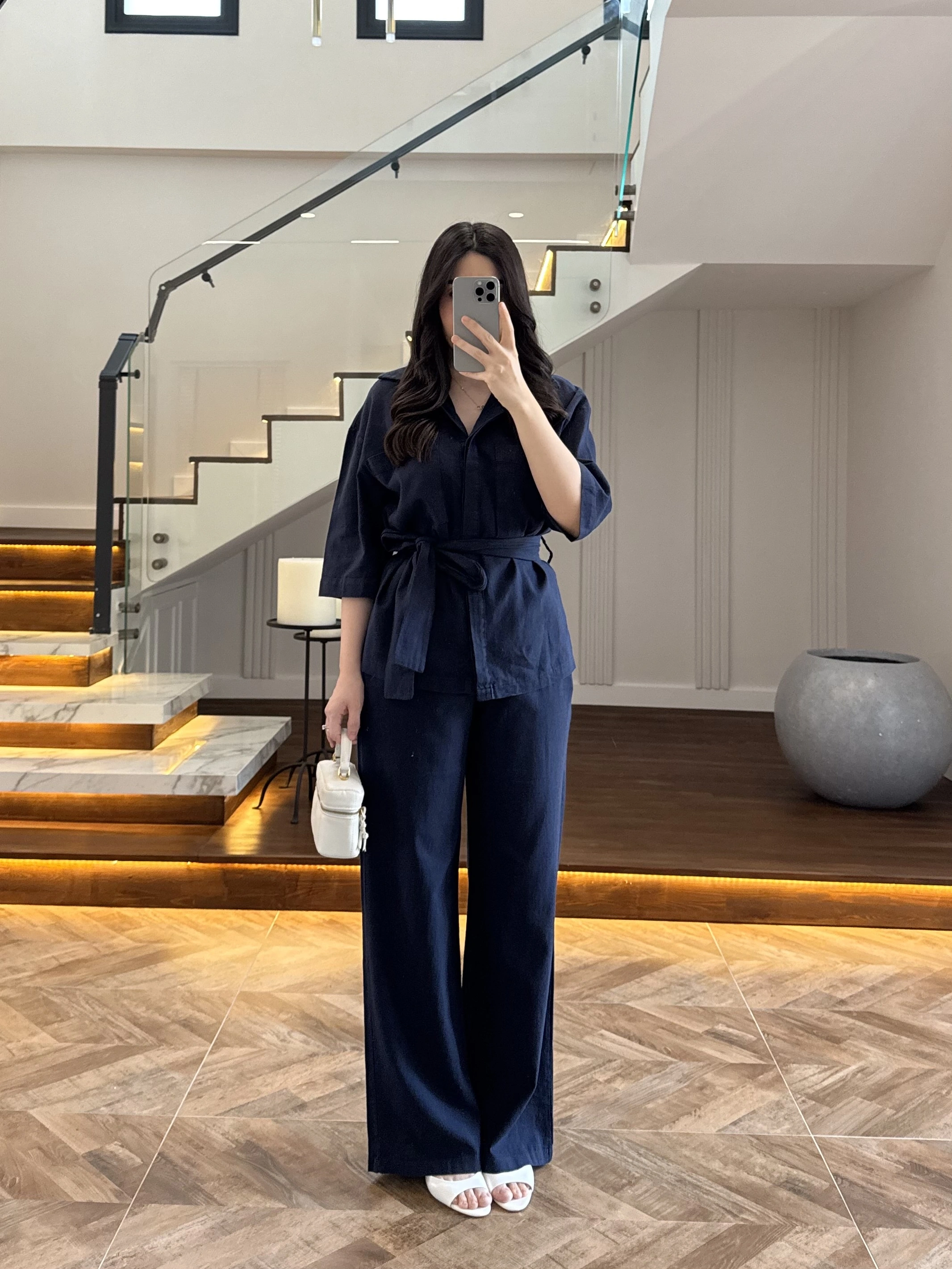 LACİVERT KETEN KUŞAKLI GÖMLEK TAKIM-267366