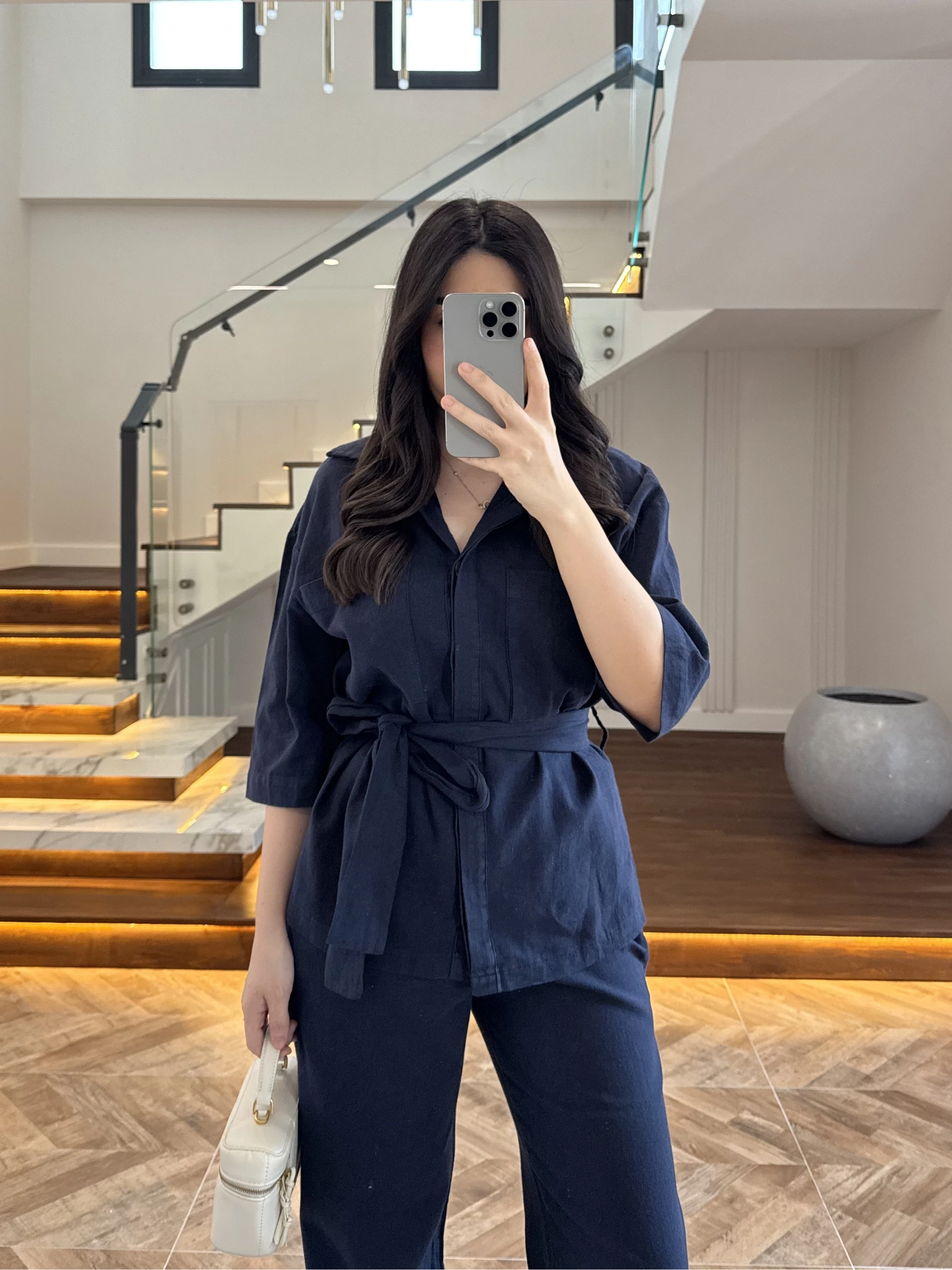 LACİVERT KETEN KUŞAKLI GÖMLEK TAKIM-267366