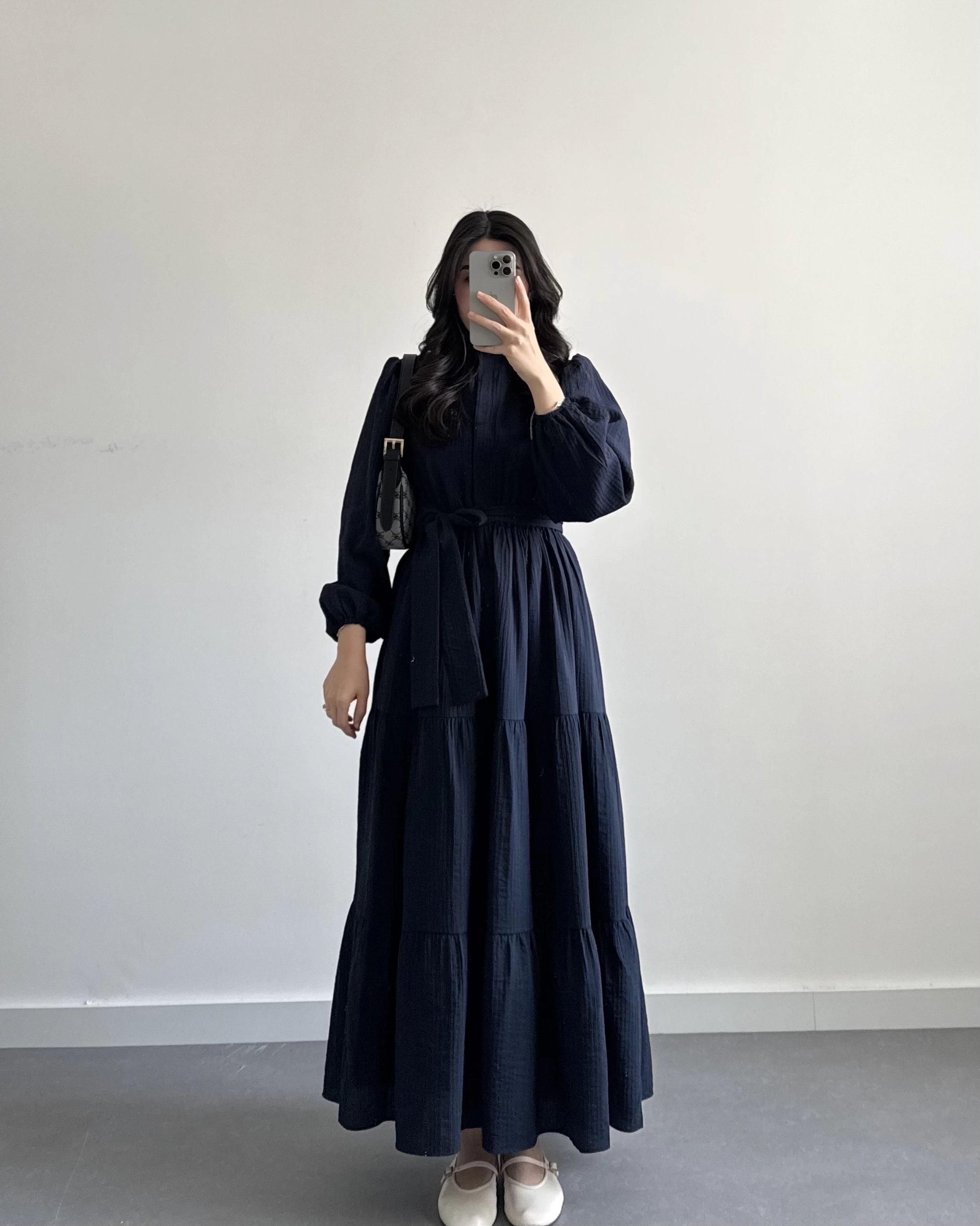 LACİVERT KUŞAKLI PREMİUM ELBİSE