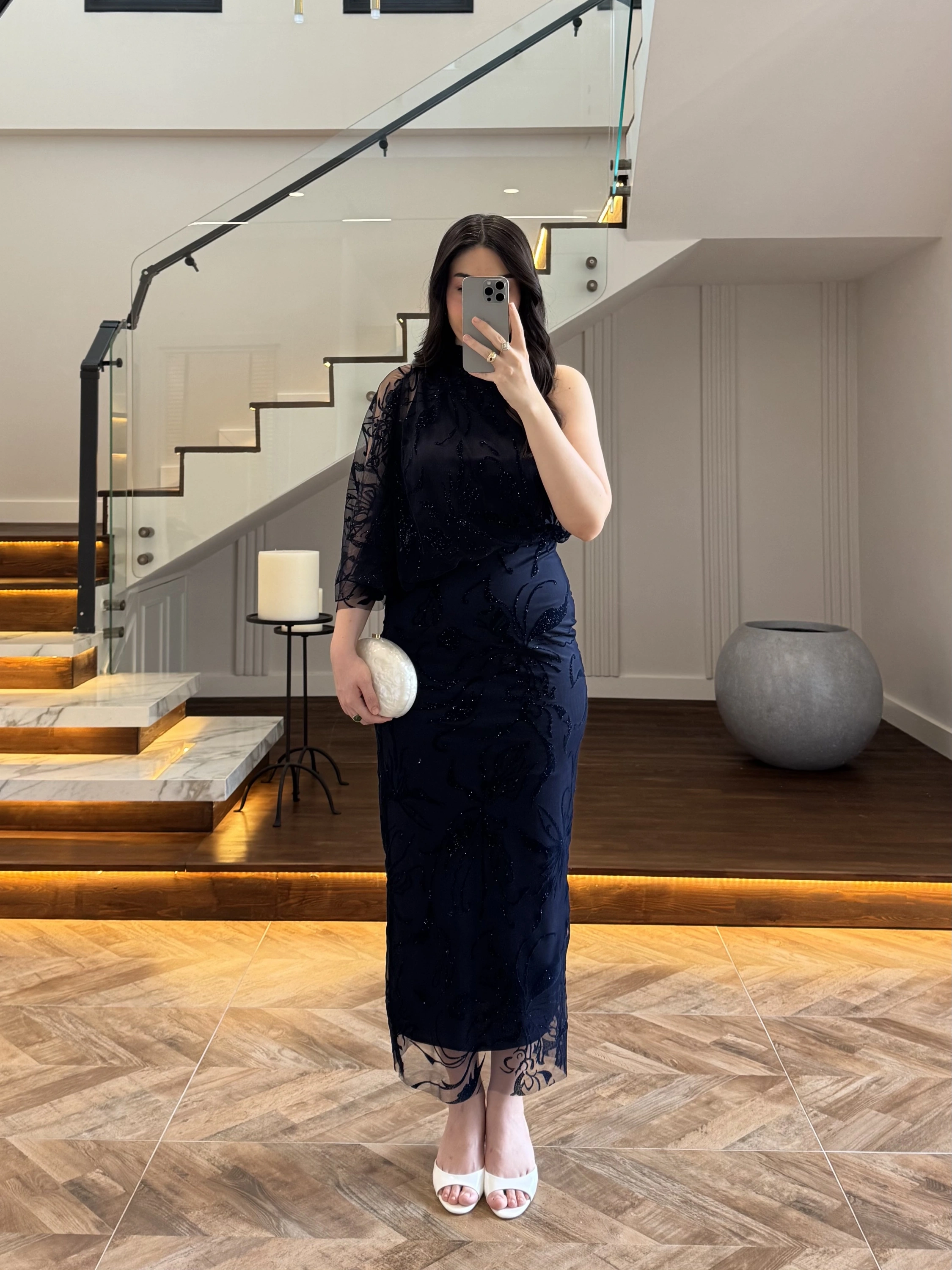 LACİVERT TEK OMUZ DESENLİ SİMLİ ELBİSE -4033