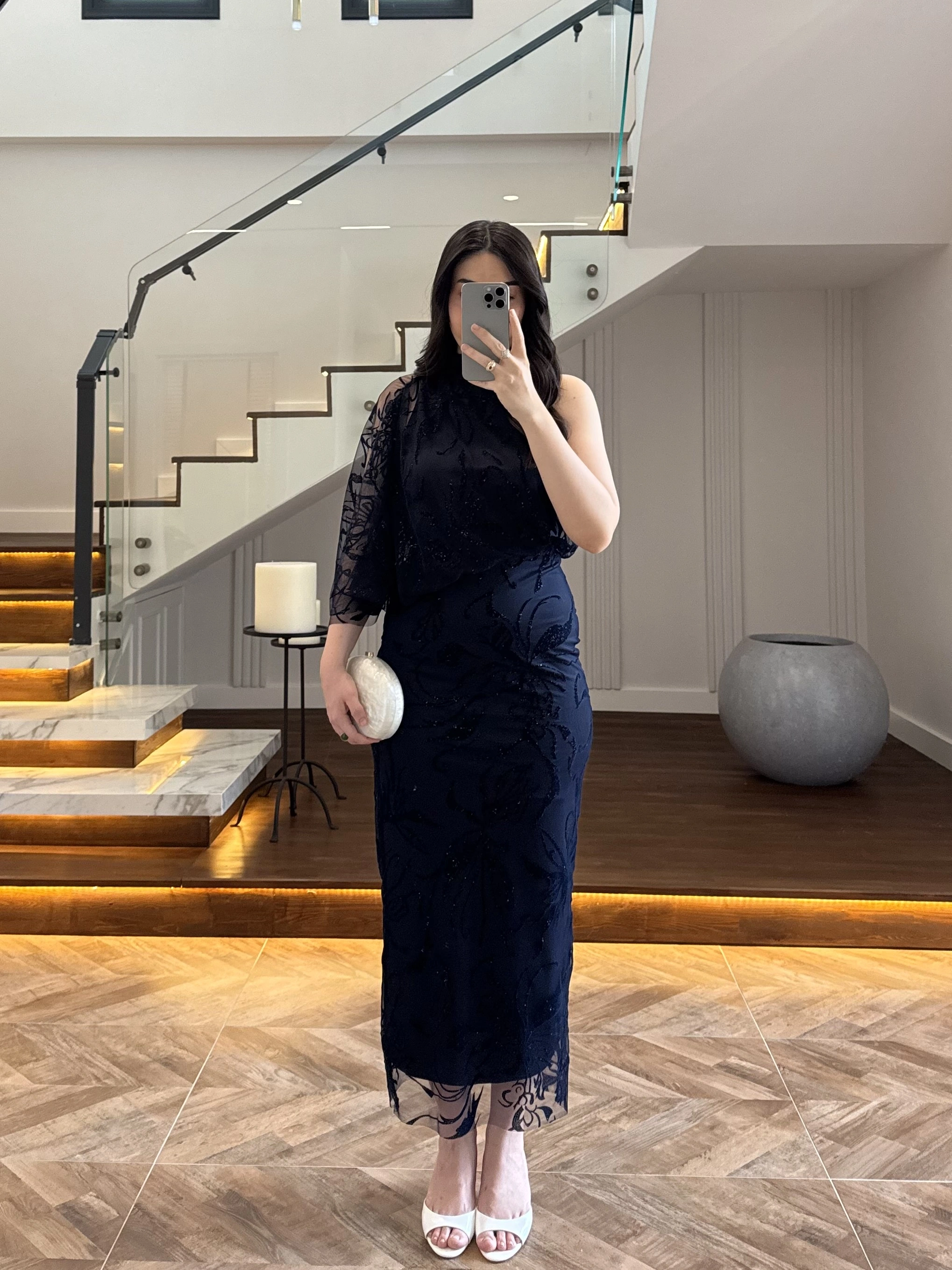 LACİVERT TEK OMUZ DESENLİ SİMLİ ELBİSE -4033