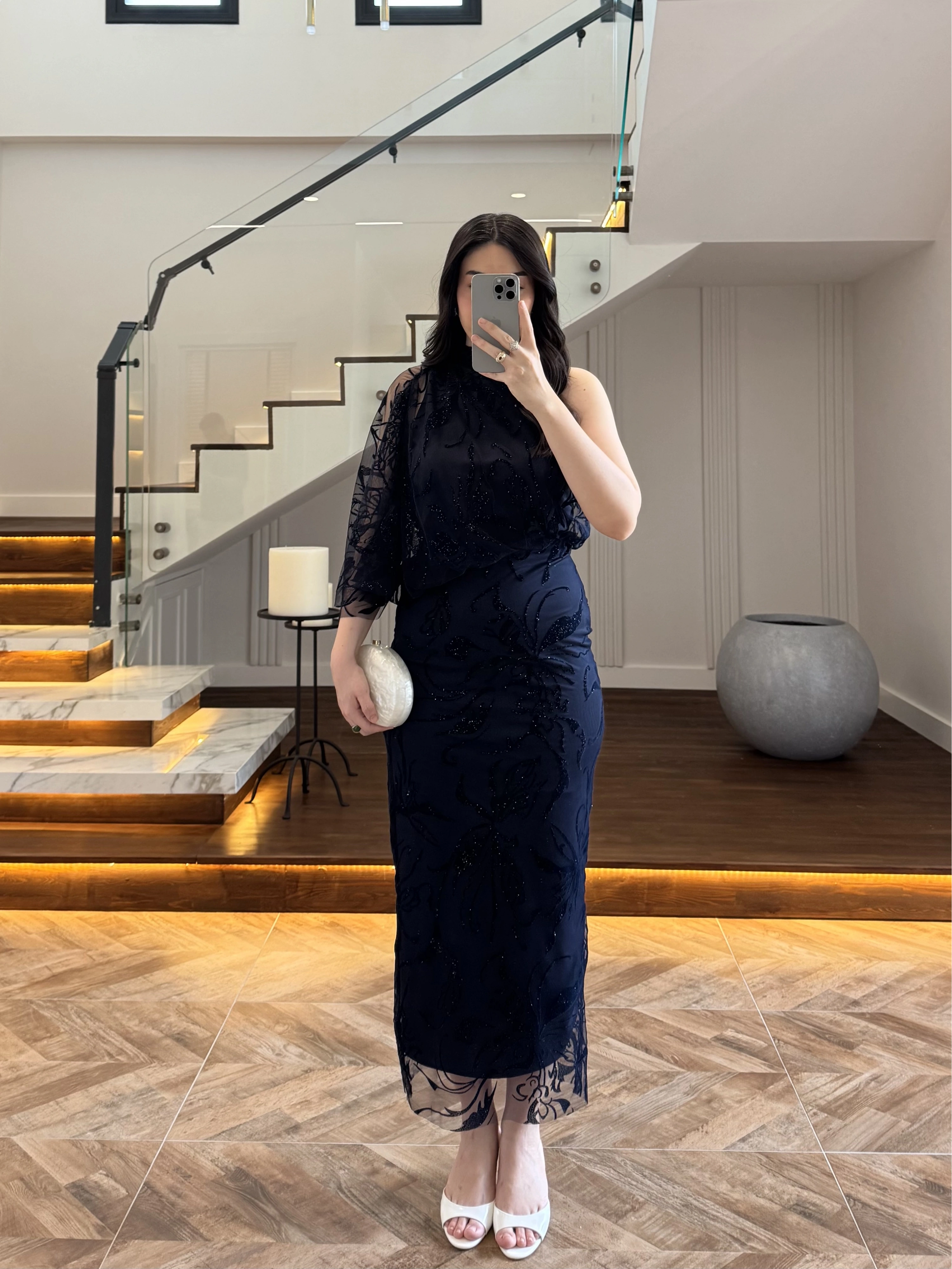 LACİVERT TEK OMUZ DESENLİ SİMLİ ELBİSE -4033
