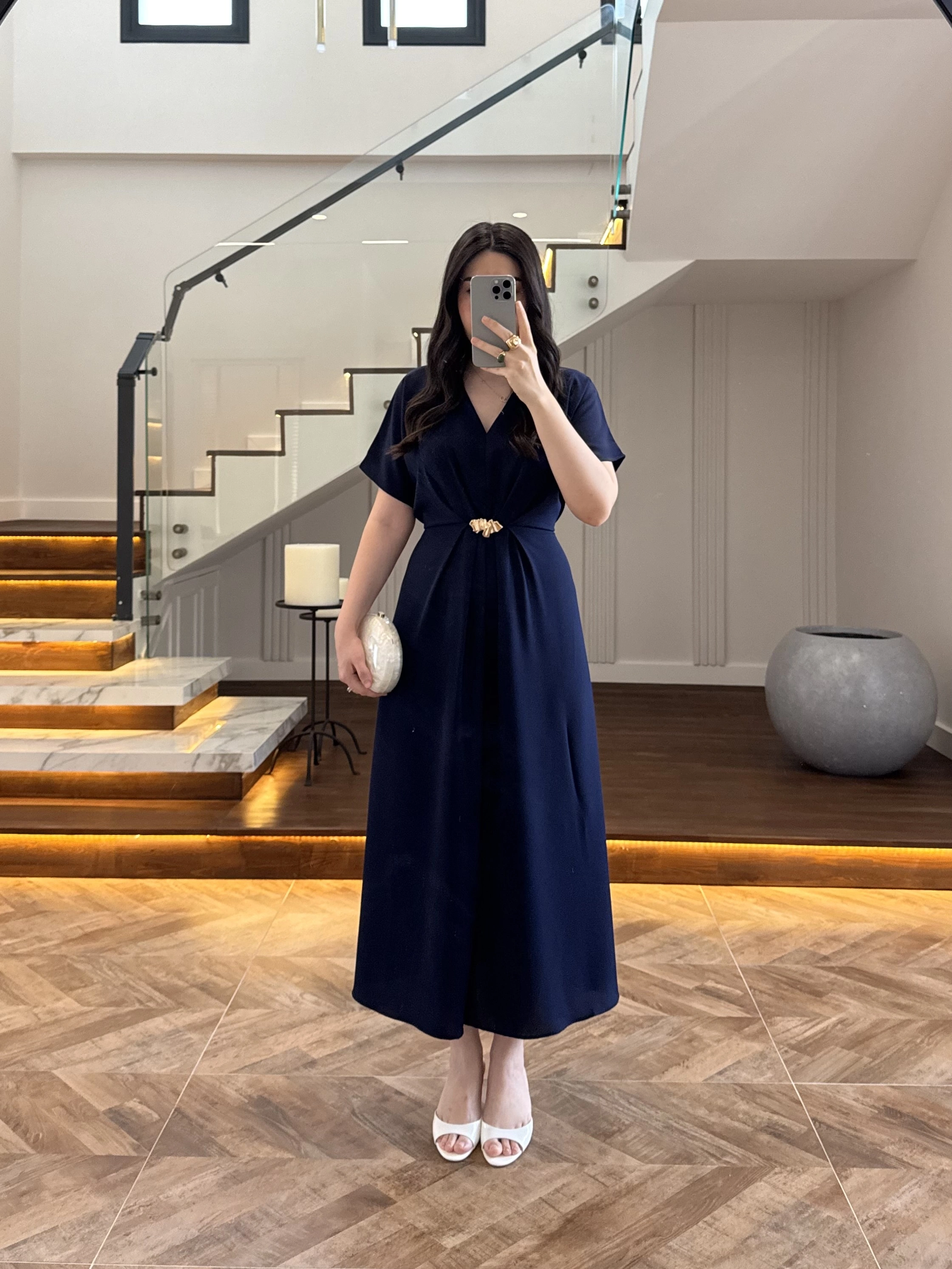 (ÖN SİPARİŞ )LACİVERT TOKA DETAY BEL BAĞLAMALI ELBİSE- 4021