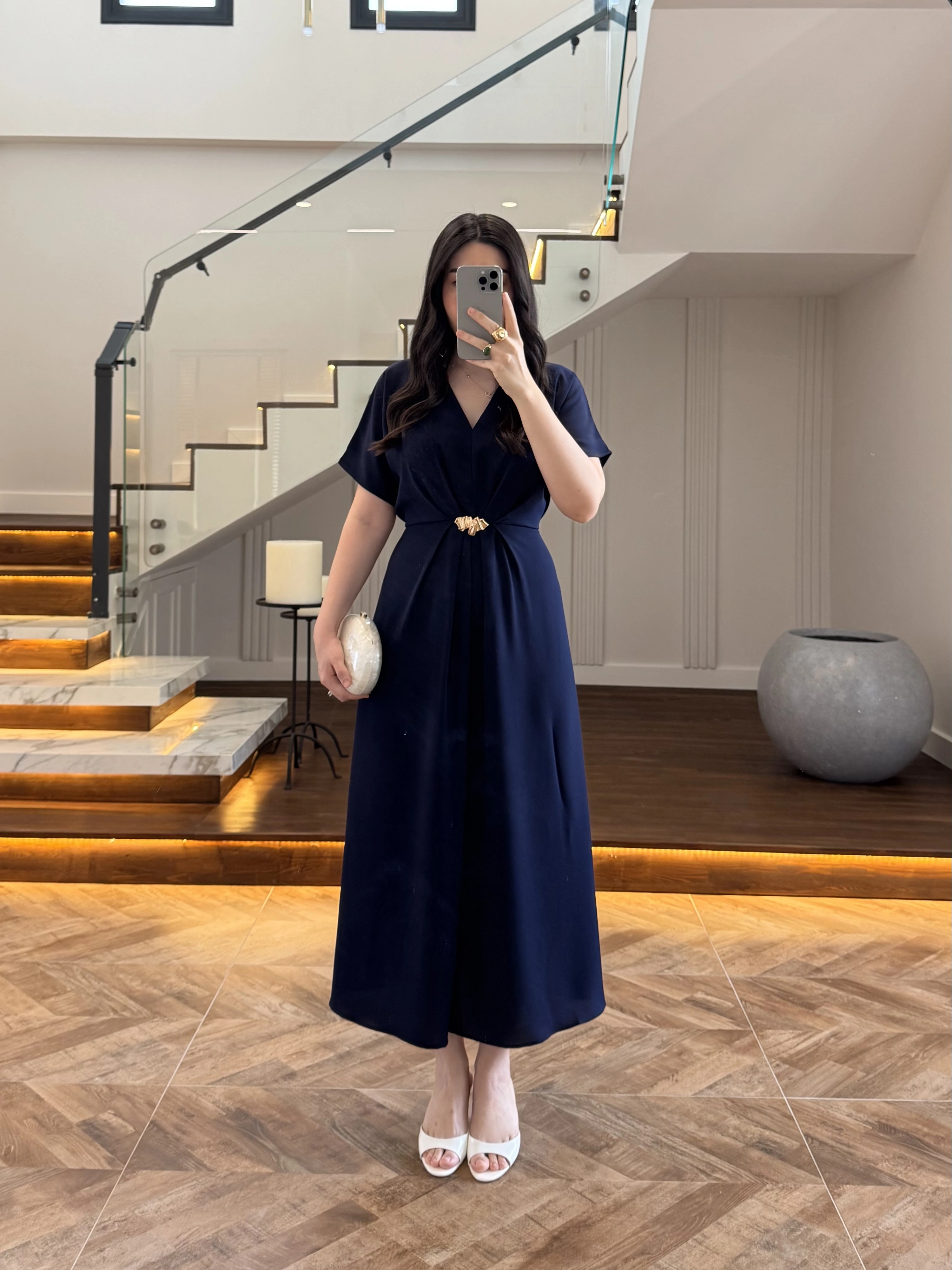 (ÖN SİPARİŞ )LACİVERT TOKA DETAY BEL BAĞLAMALI ELBİSE- 4021
