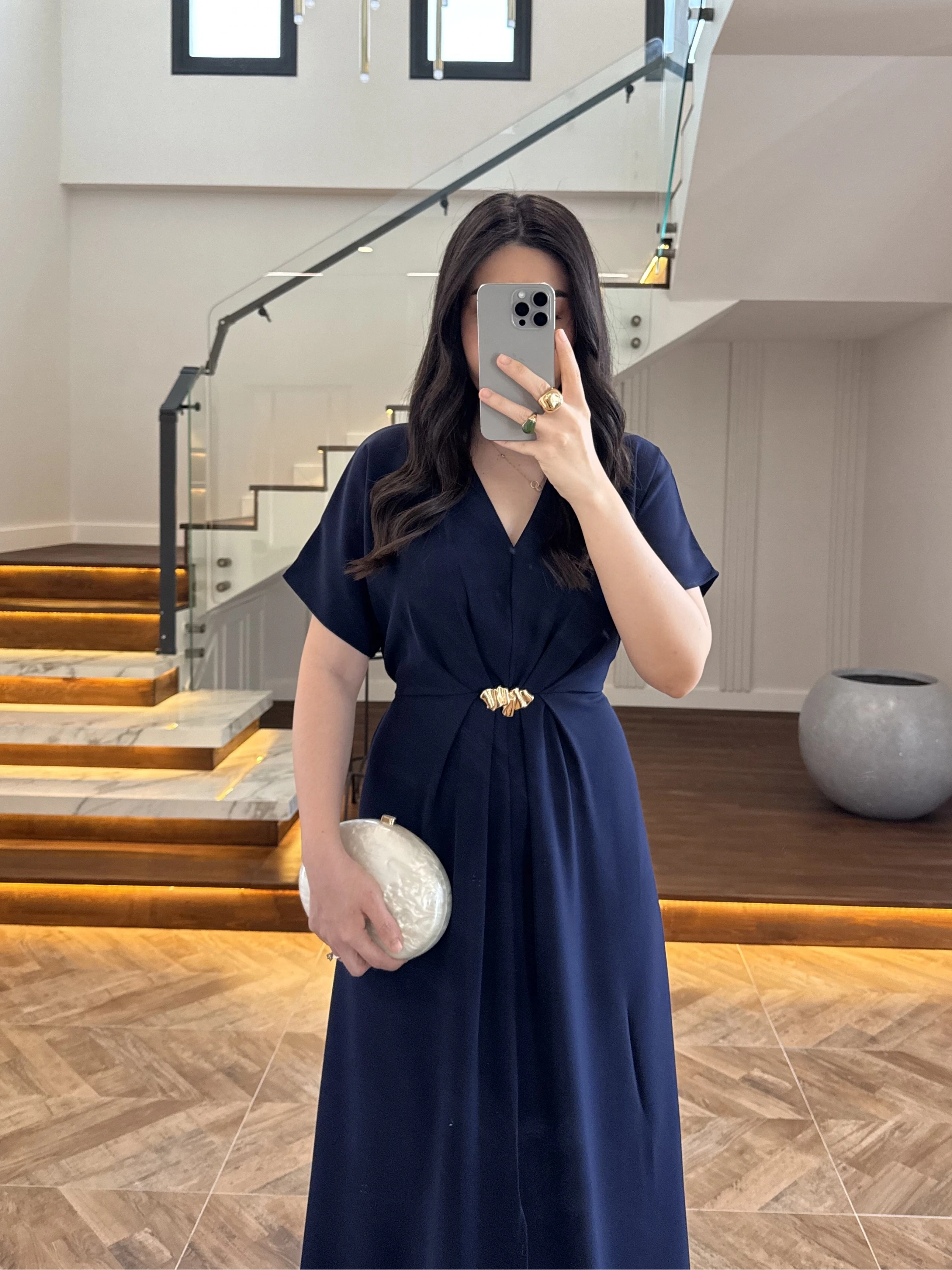 (ÖN SİPARİŞ )LACİVERT TOKA DETAY BEL BAĞLAMALI ELBİSE- 4021