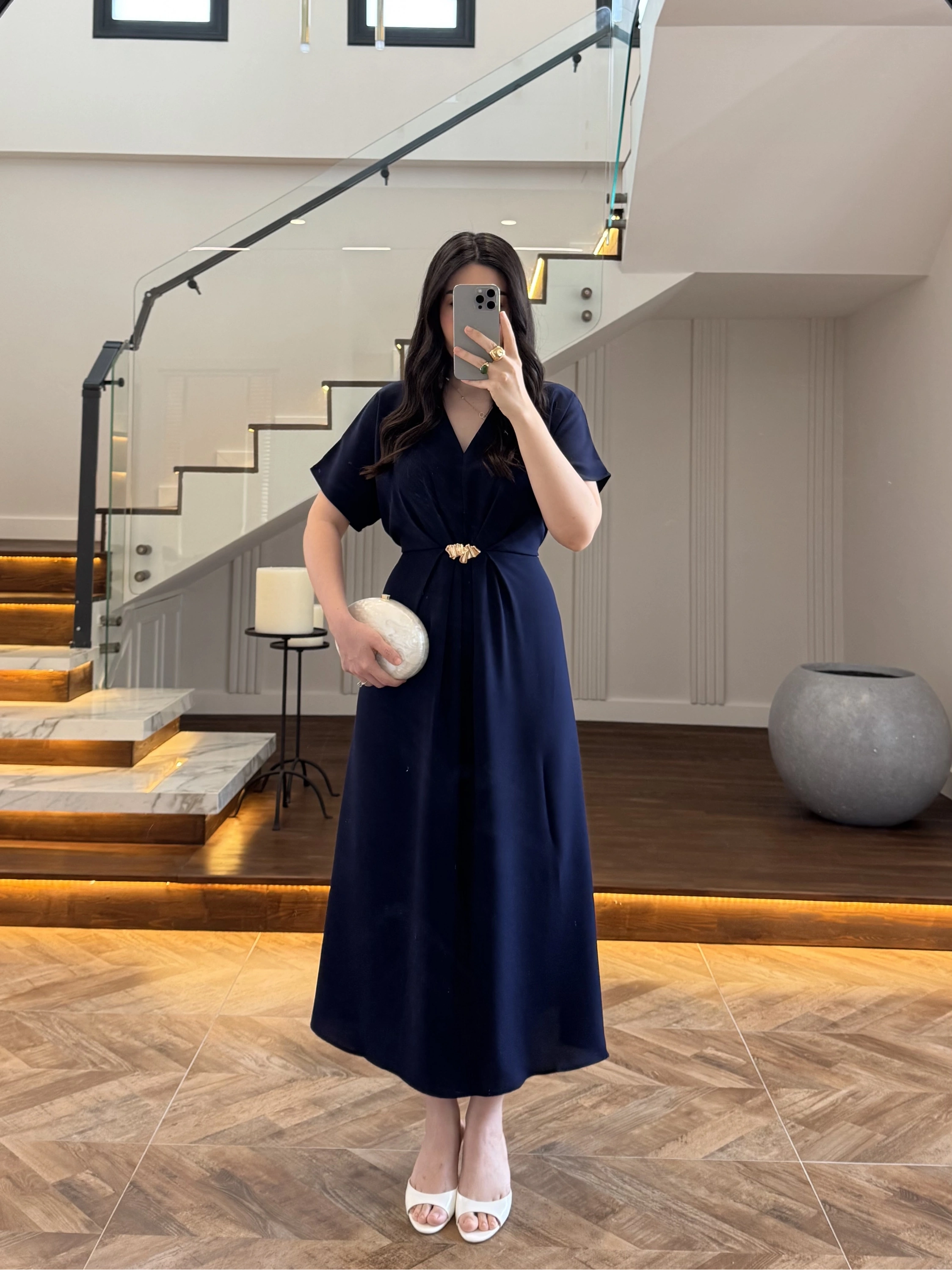 (ÖN SİPARİŞ )LACİVERT TOKA DETAY BEL BAĞLAMALI ELBİSE- 4021
