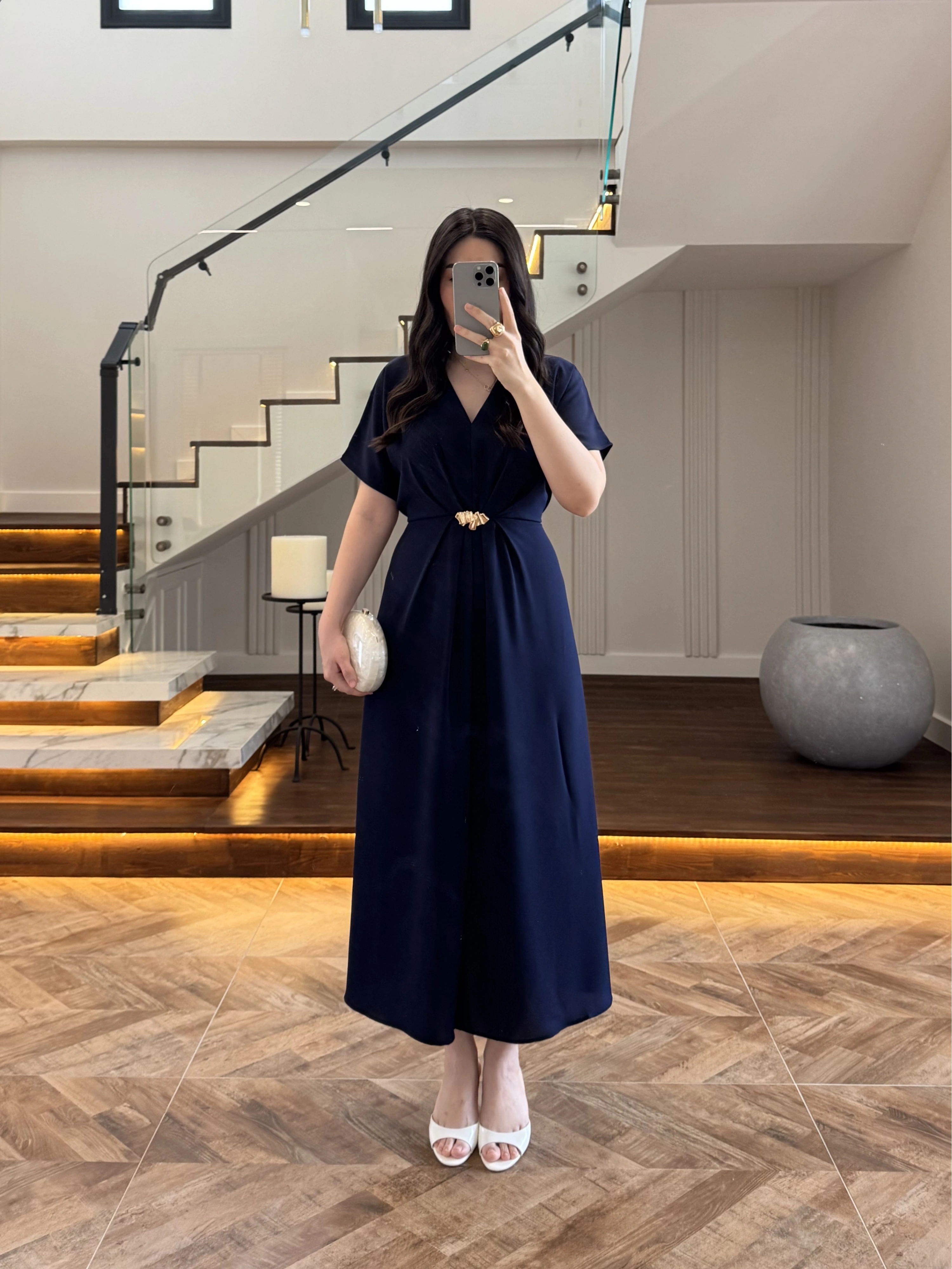 (ÖN SİPARİŞ )LACİVERT TOKA DETAY BEL BAĞLAMALI ELBİSE- 4021