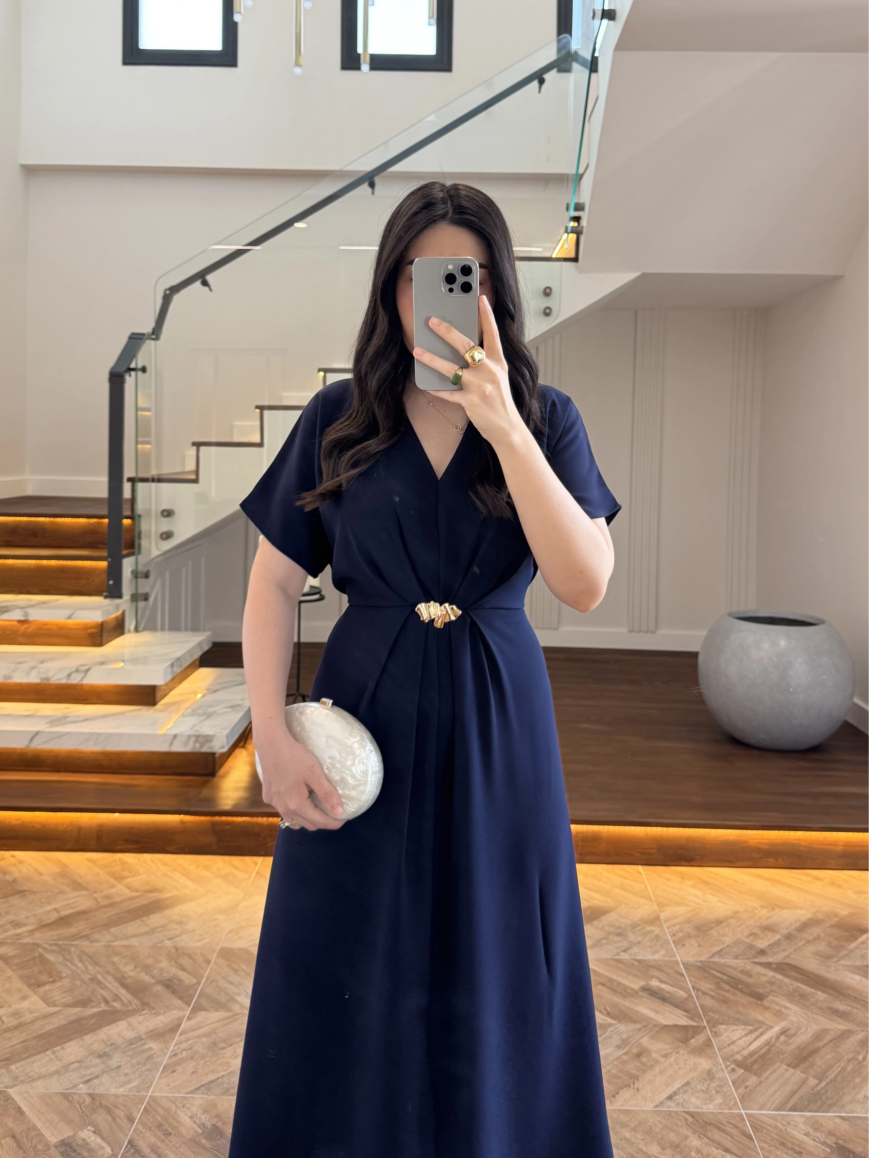 (ÖN SİPARİŞ )LACİVERT TOKA DETAY BEL BAĞLAMALI ELBİSE- 4021