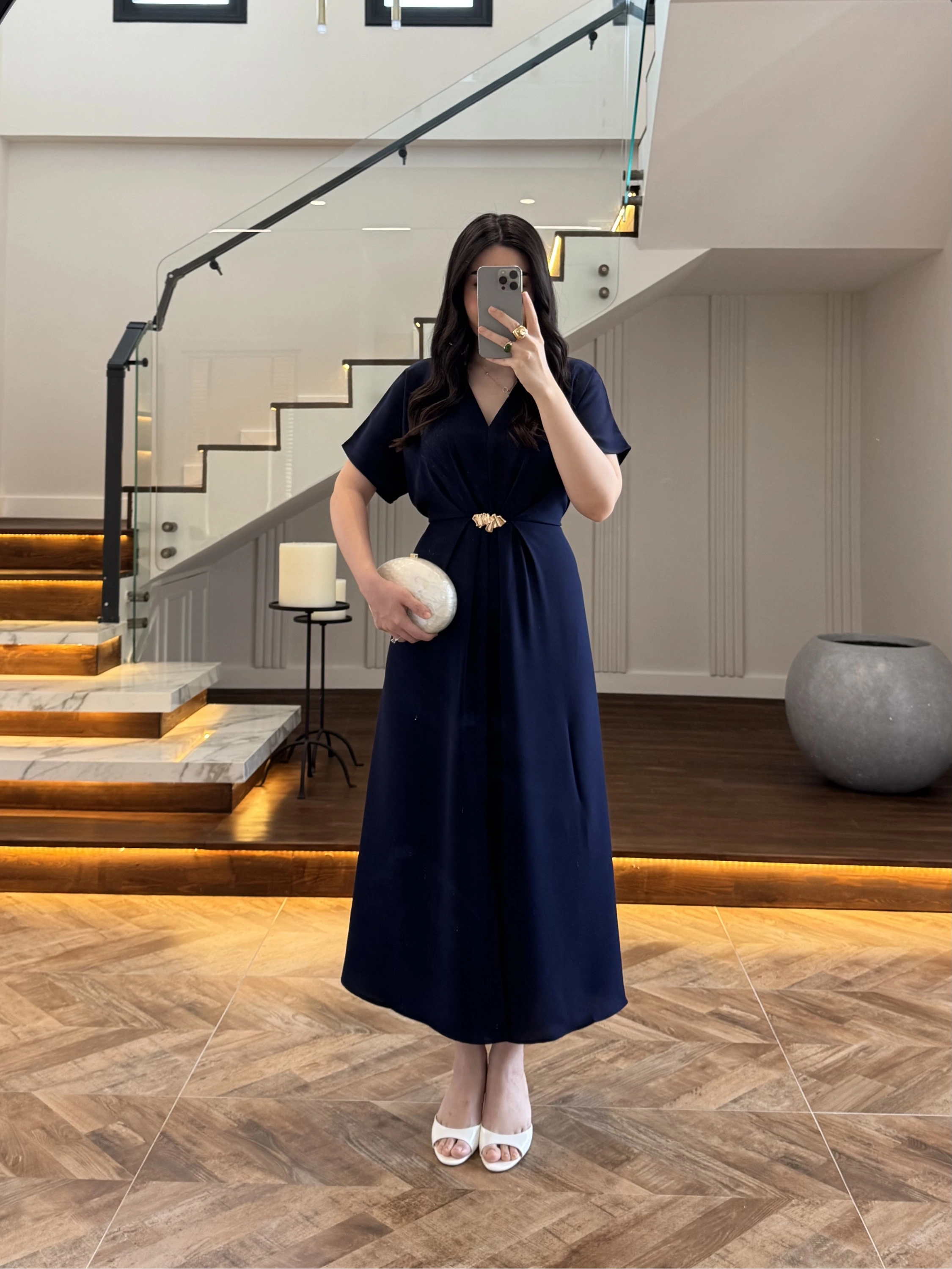 (ÖN SİPARİŞ )LACİVERT TOKA DETAY BEL BAĞLAMALI ELBİSE- 4021