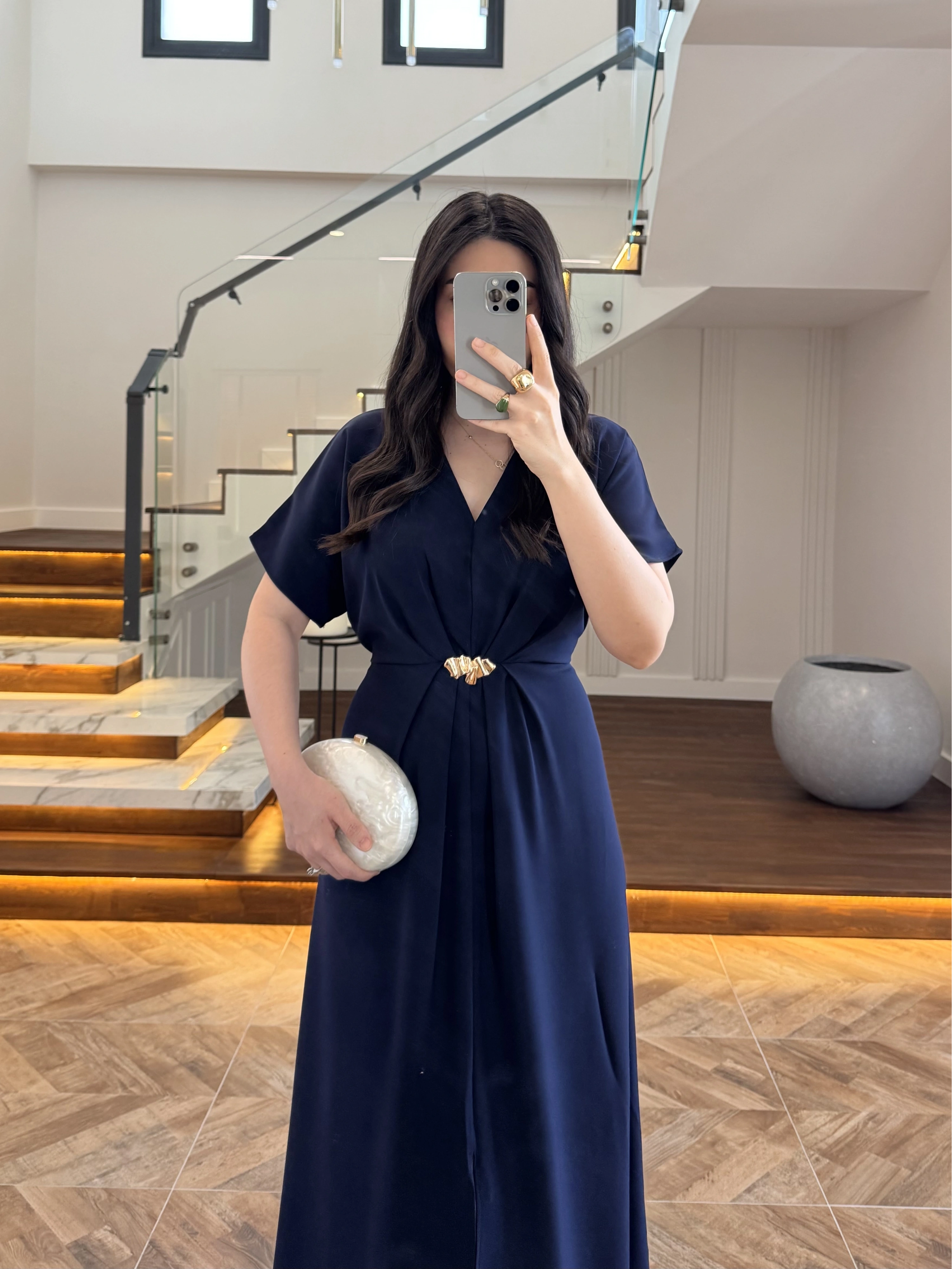 (ÖN SİPARİŞ )LACİVERT TOKA DETAY BEL BAĞLAMALI ELBİSE- 4021