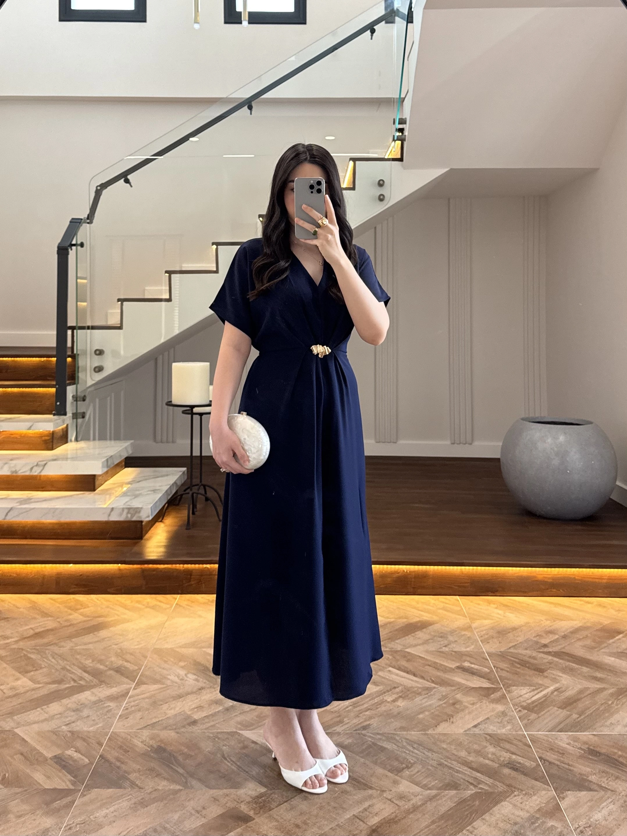 (ÖN SİPARİŞ )LACİVERT TOKA DETAY BEL BAĞLAMALI ELBİSE- 4021
