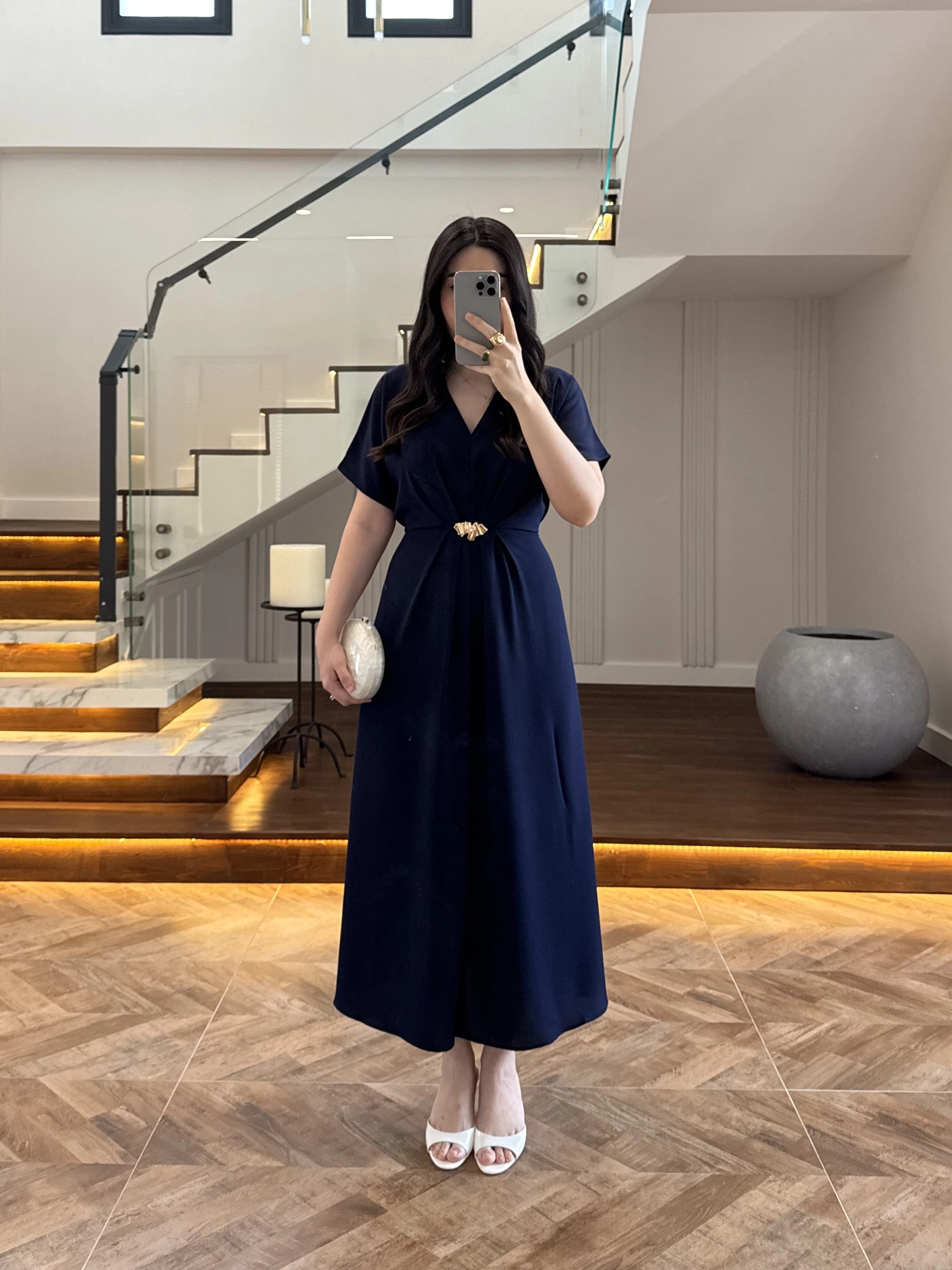 (ÖN SİPARİŞ )LACİVERT TOKA DETAY BEL BAĞLAMALI ELBİSE- 4021