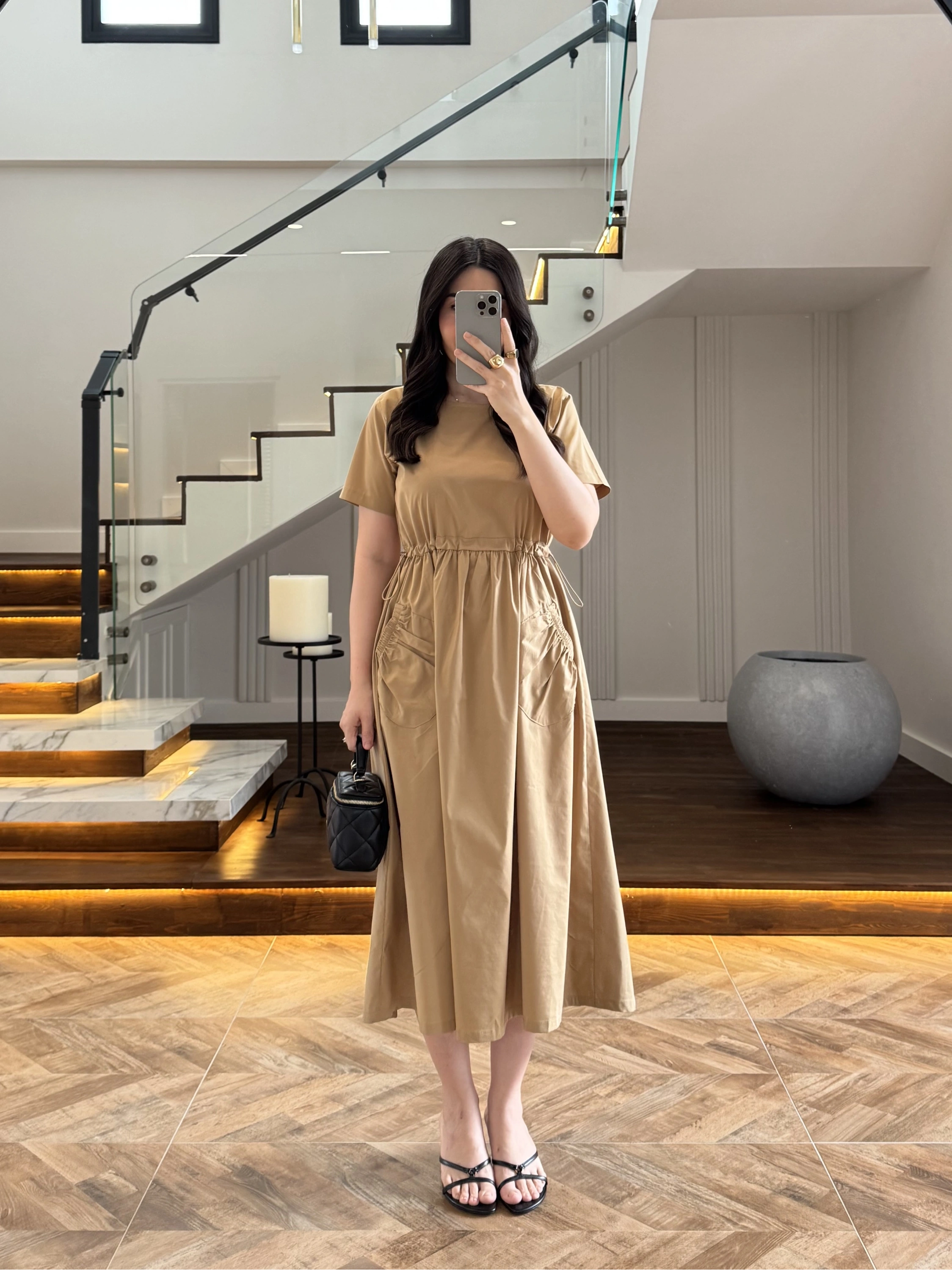 LATTE BEL BÜZGÜLÜ CEPLİ ELBİSE-30731