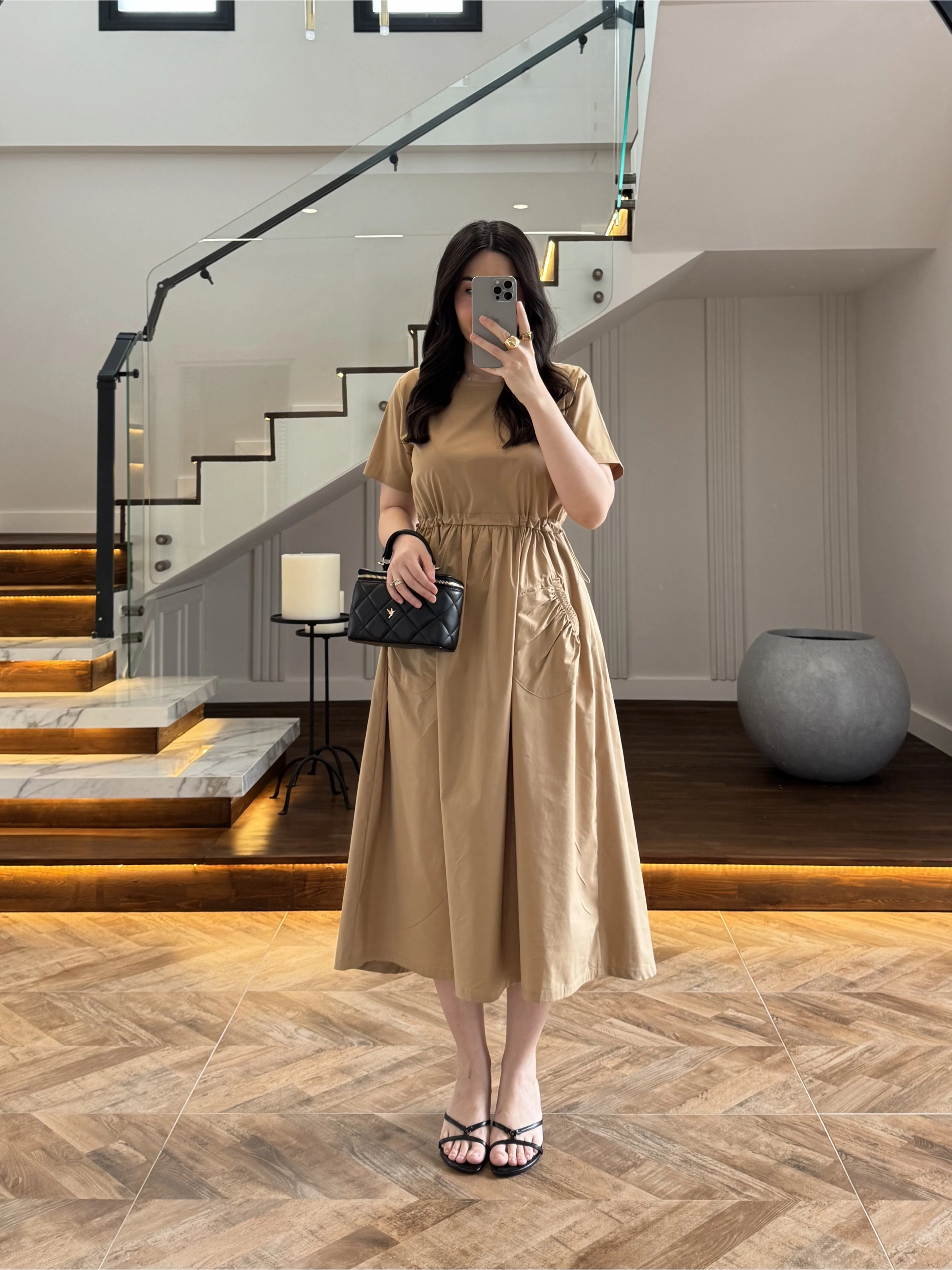 LATTE BEL BÜZGÜLÜ CEPLİ ELBİSE-30731