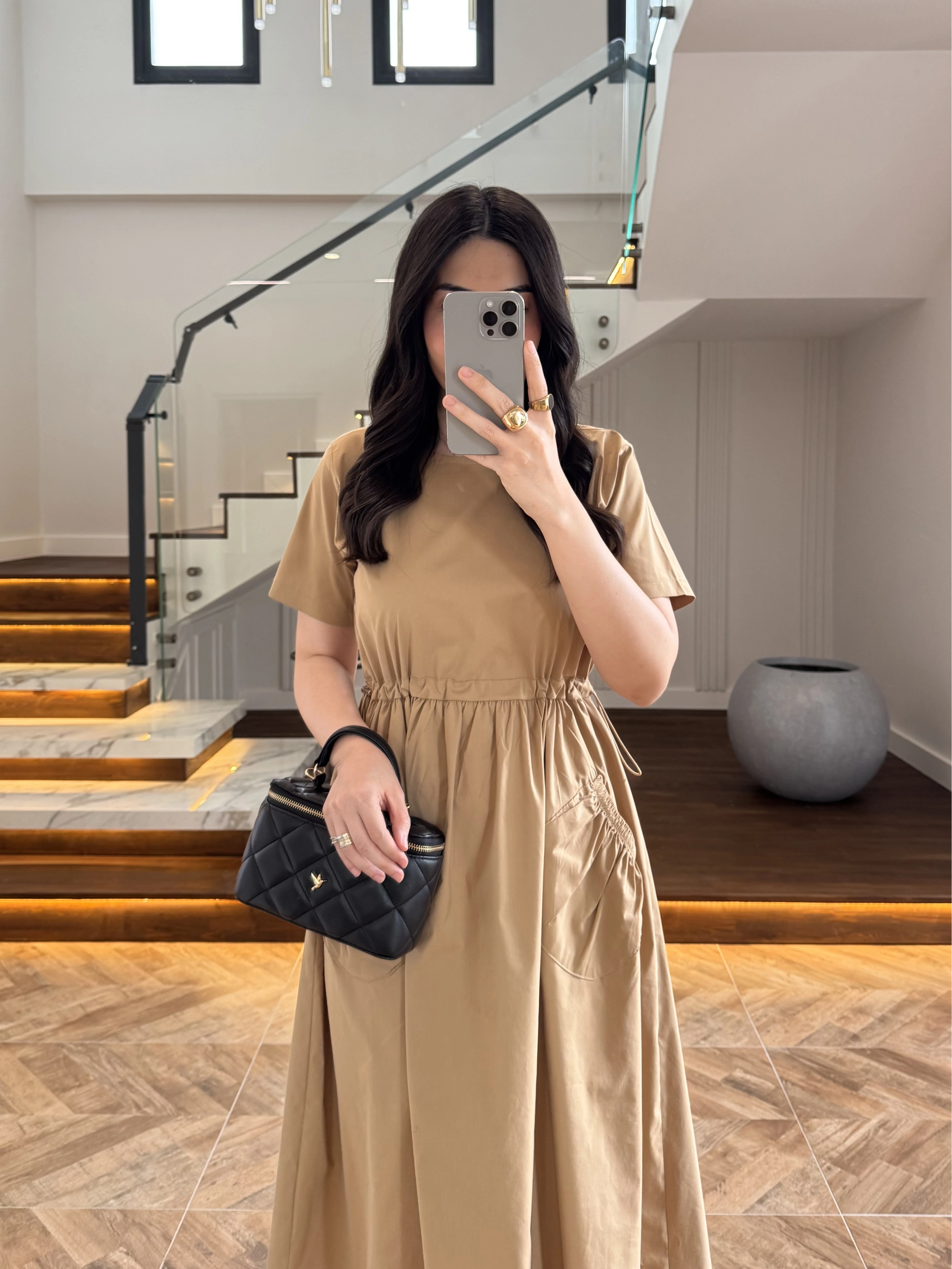 LATTE BEL BÜZGÜLÜ CEPLİ ELBİSE-30731