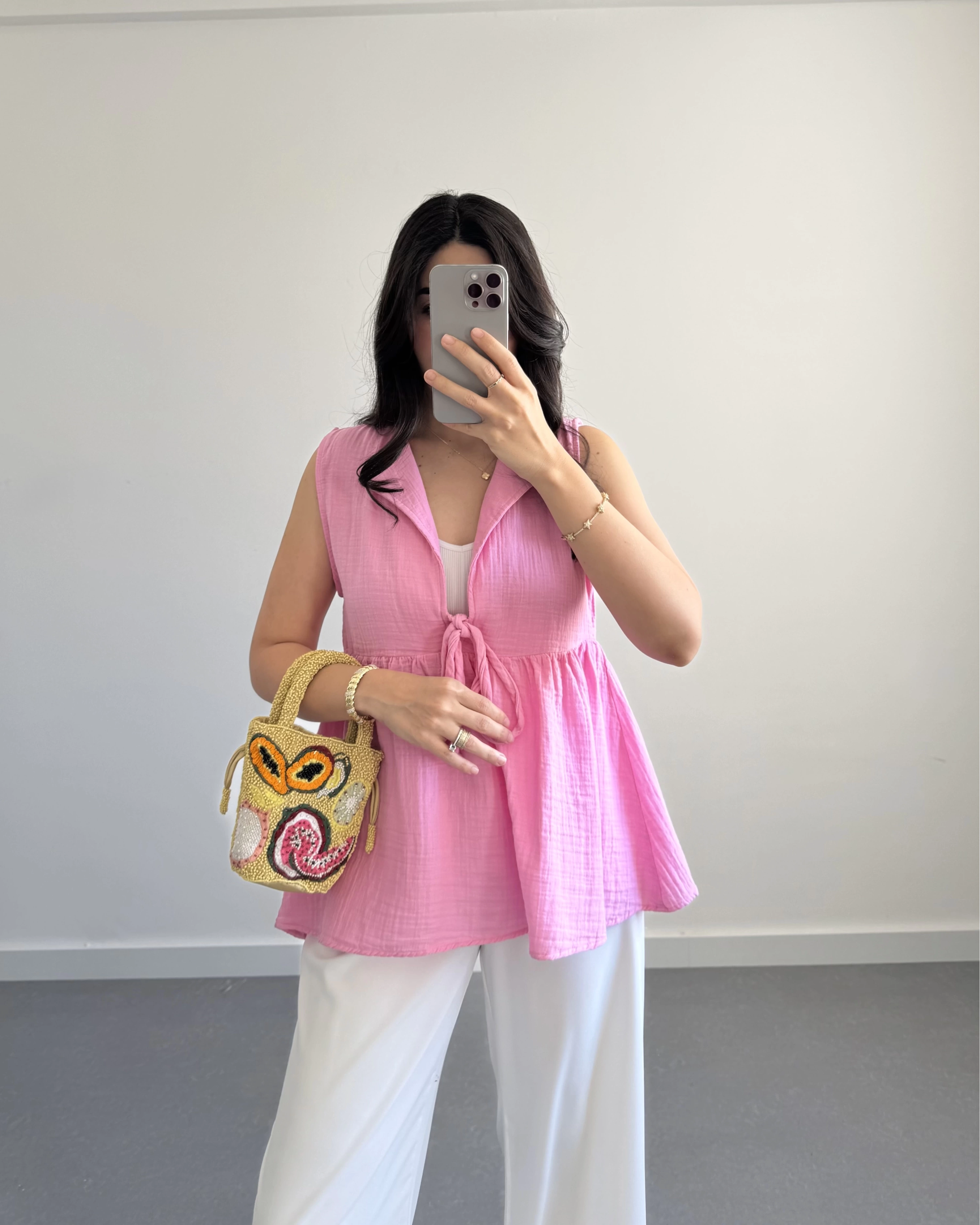 LUNA V YAKA MÜSLİN BLUZ PEMBE