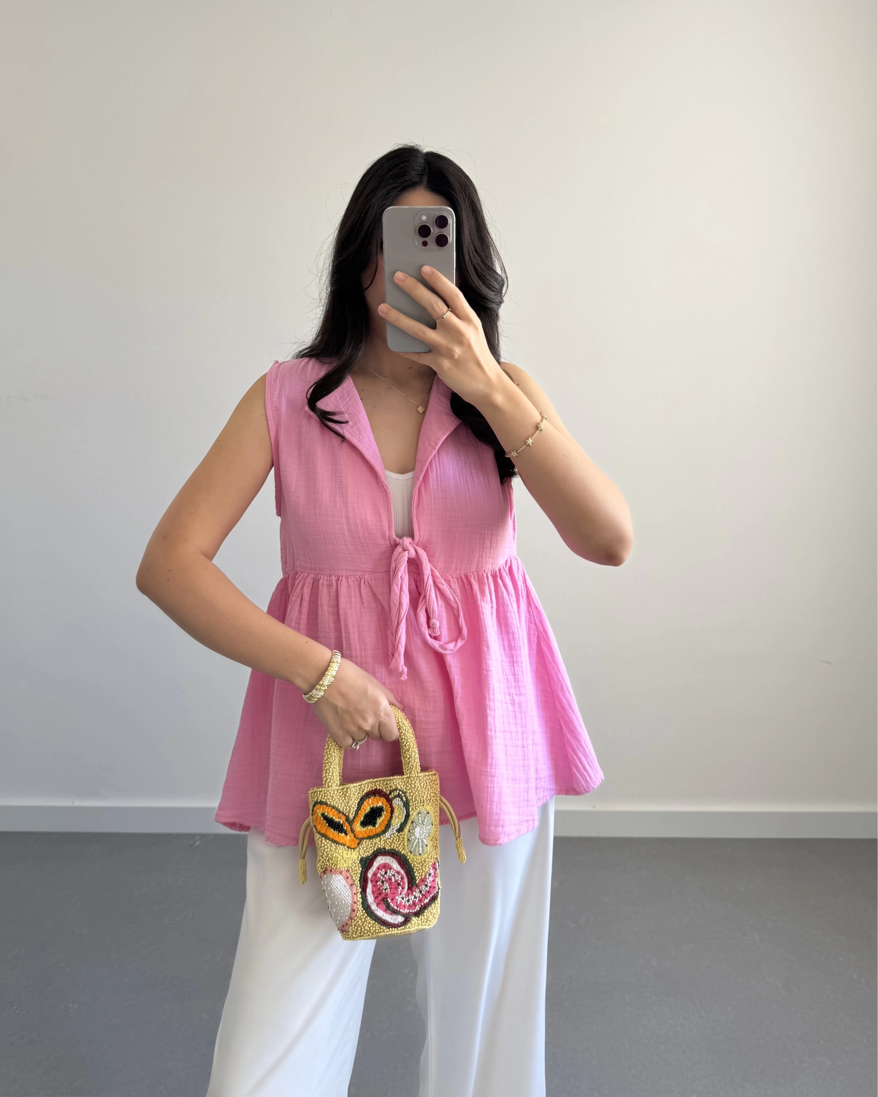 LUNA V YAKA MÜSLİN BLUZ PEMBE