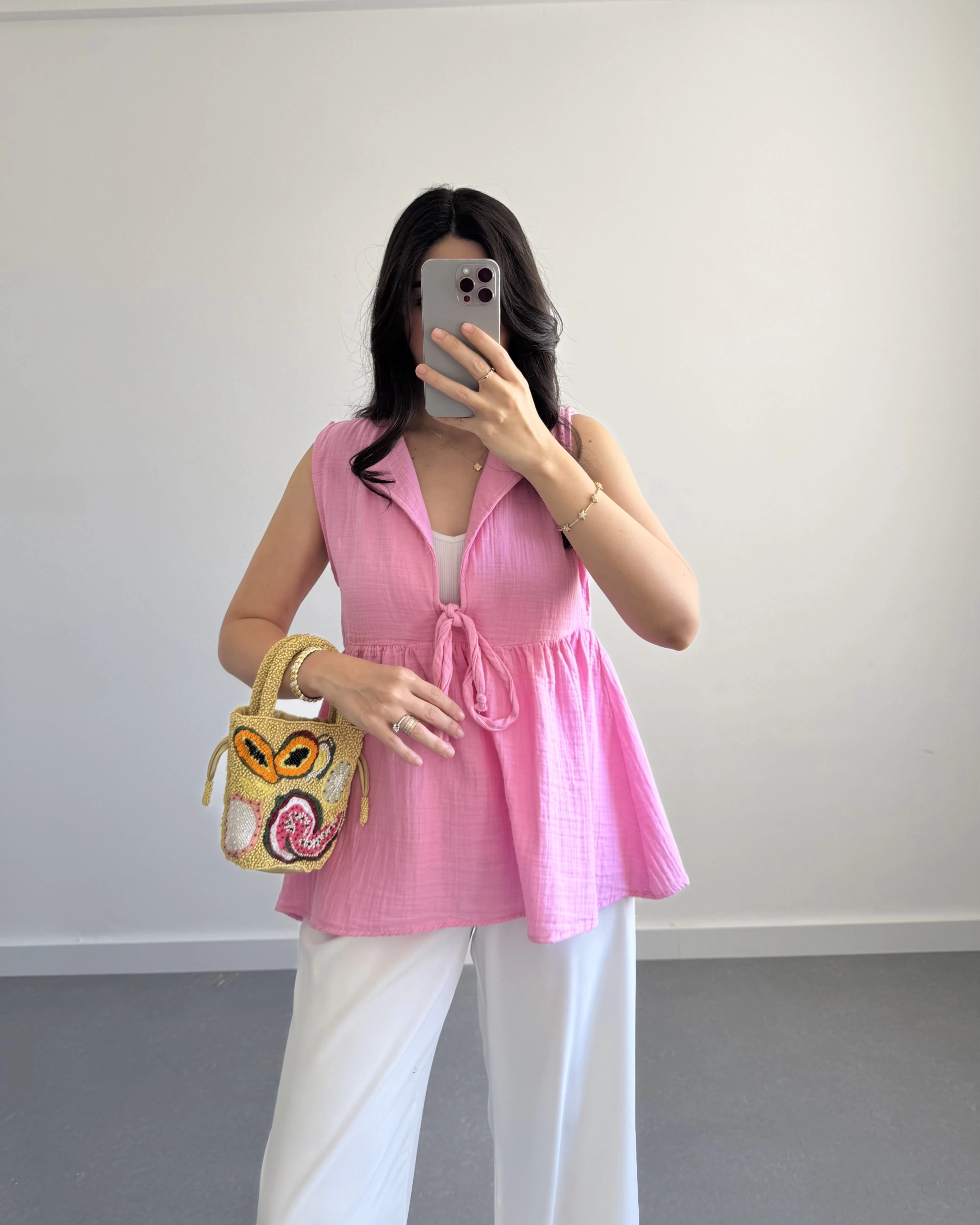 LUNA V YAKA MÜSLİN BLUZ PEMBE