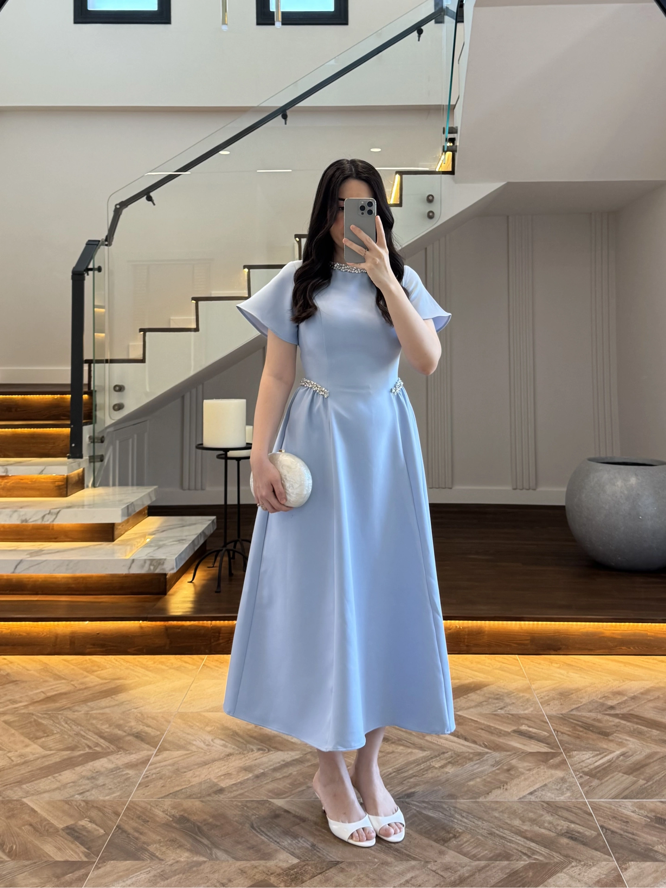 (ÖN SİPARİŞ)MAVİ TAŞ DETAY ELBİSE -EU3220