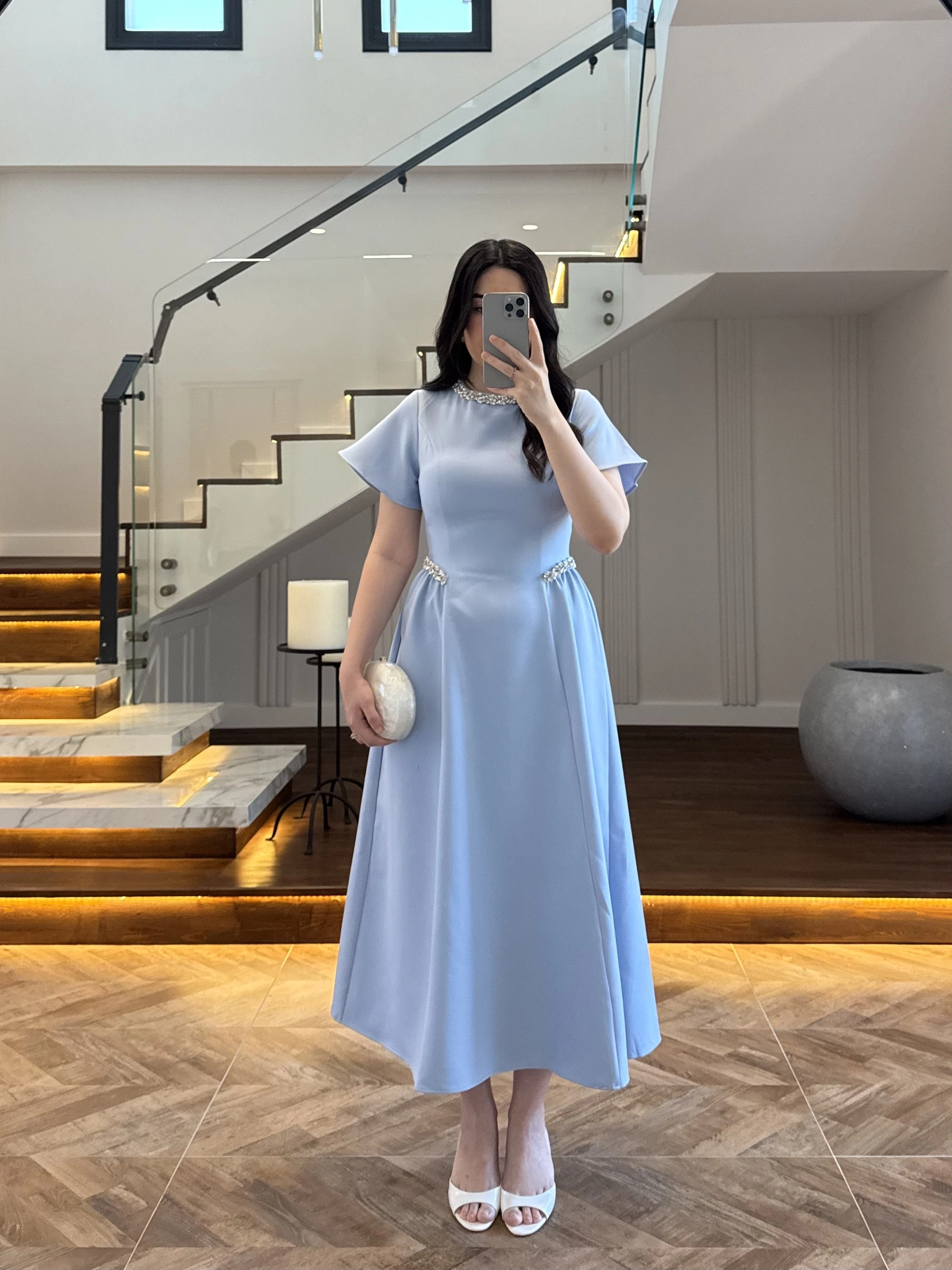 (ÖN SİPARİŞ)MAVİ TAŞ DETAY ELBİSE -EU3220