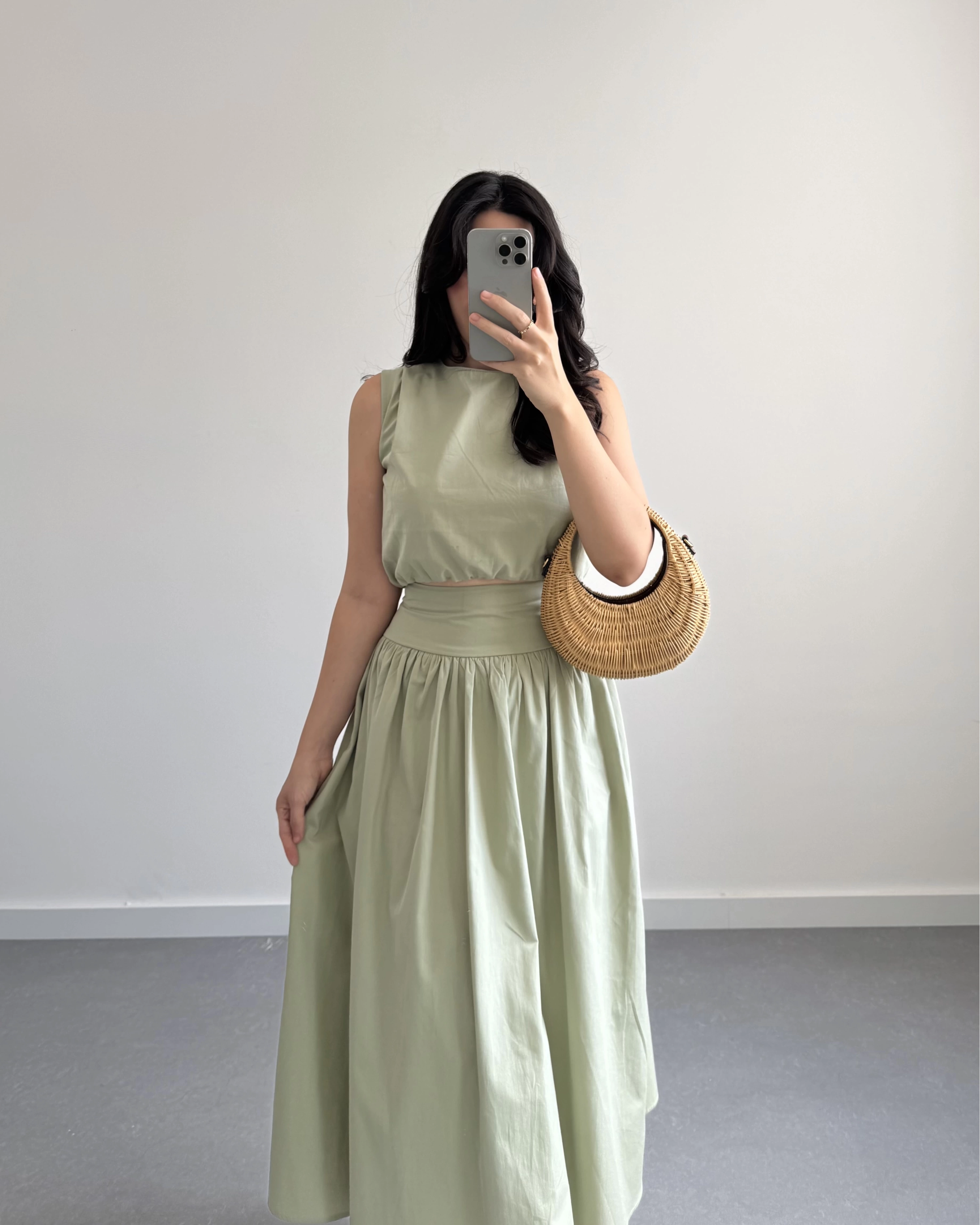 MİNT YEŞİL CROP POPLİN ETEK TAKIM