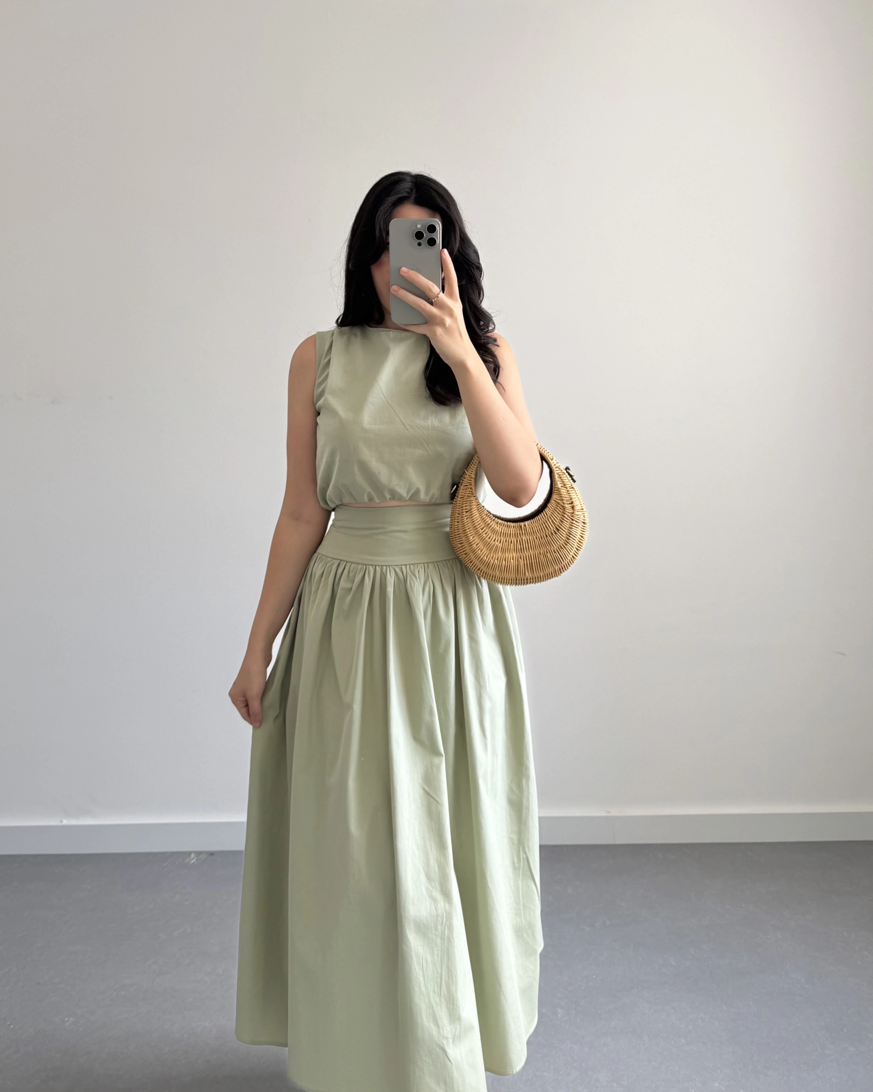 MİNT YEŞİL CROP POPLİN ETEK TAKIM