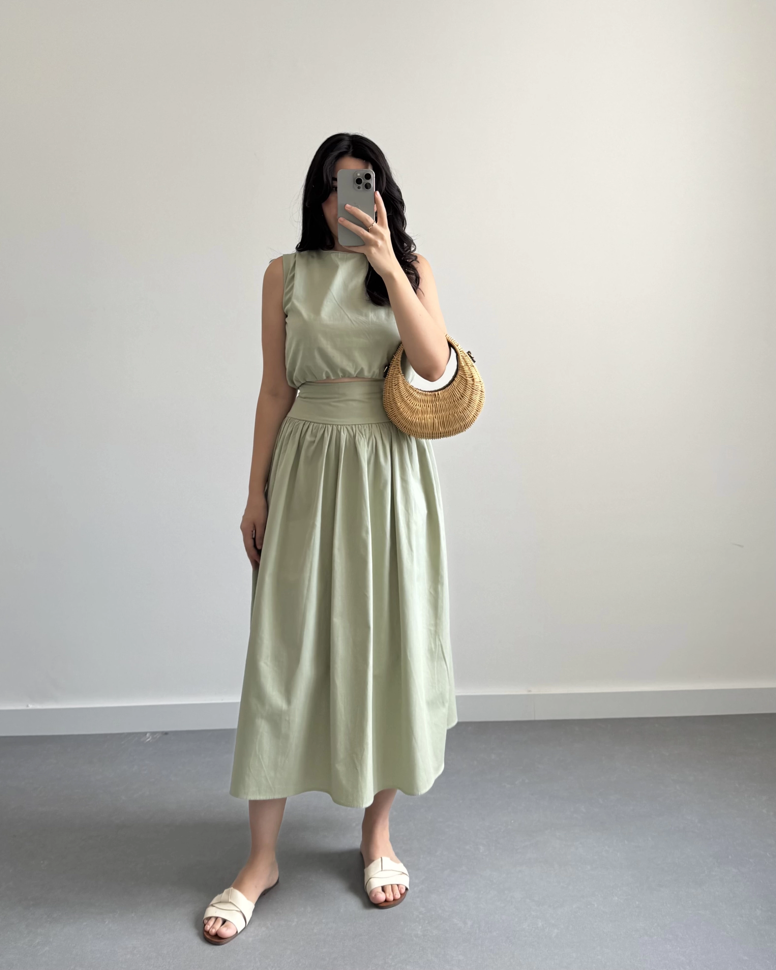 MİNT YEŞİL CROP POPLİN ETEK TAKIM