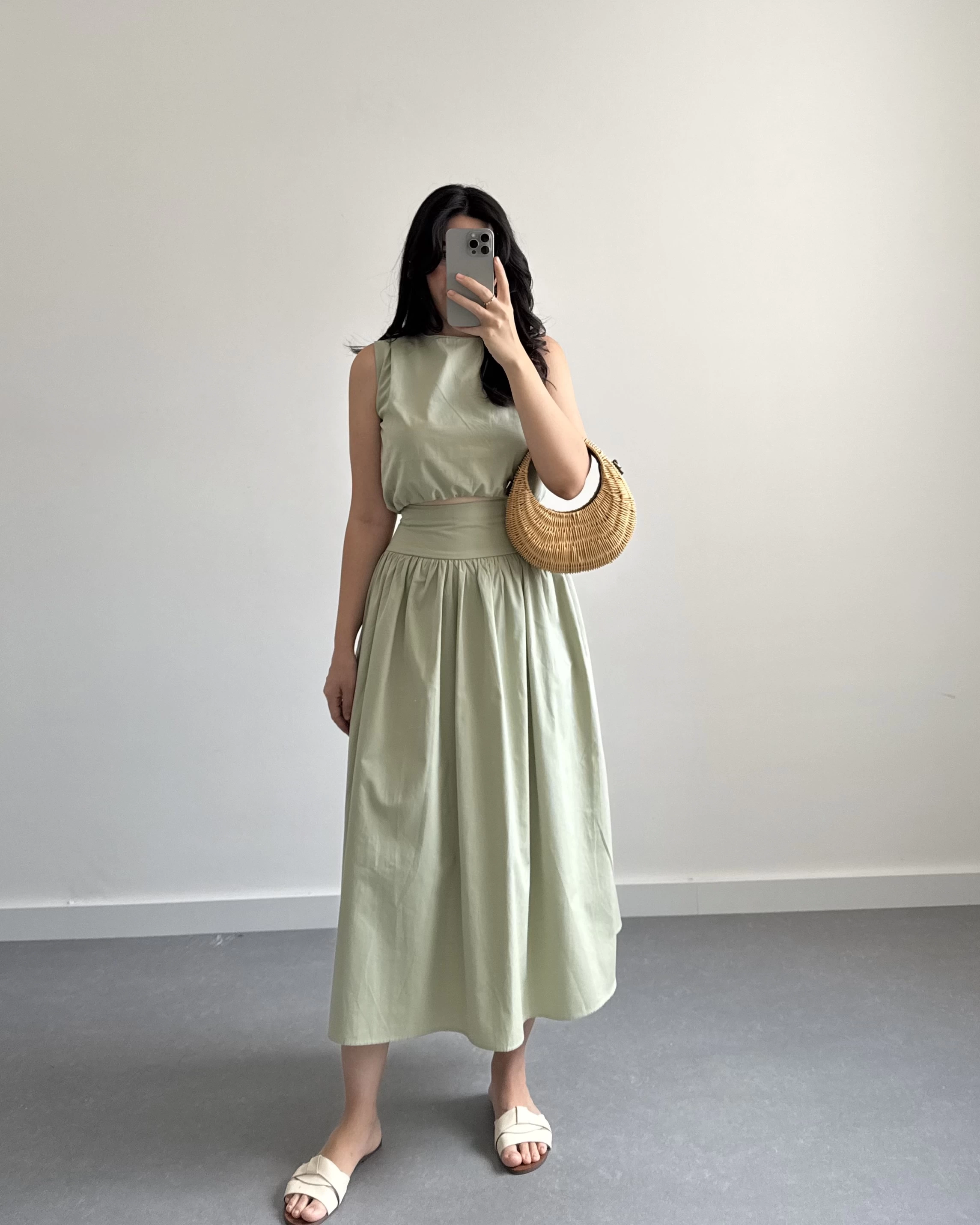 MİNT YEŞİL CROP POPLİN ETEK TAKIM